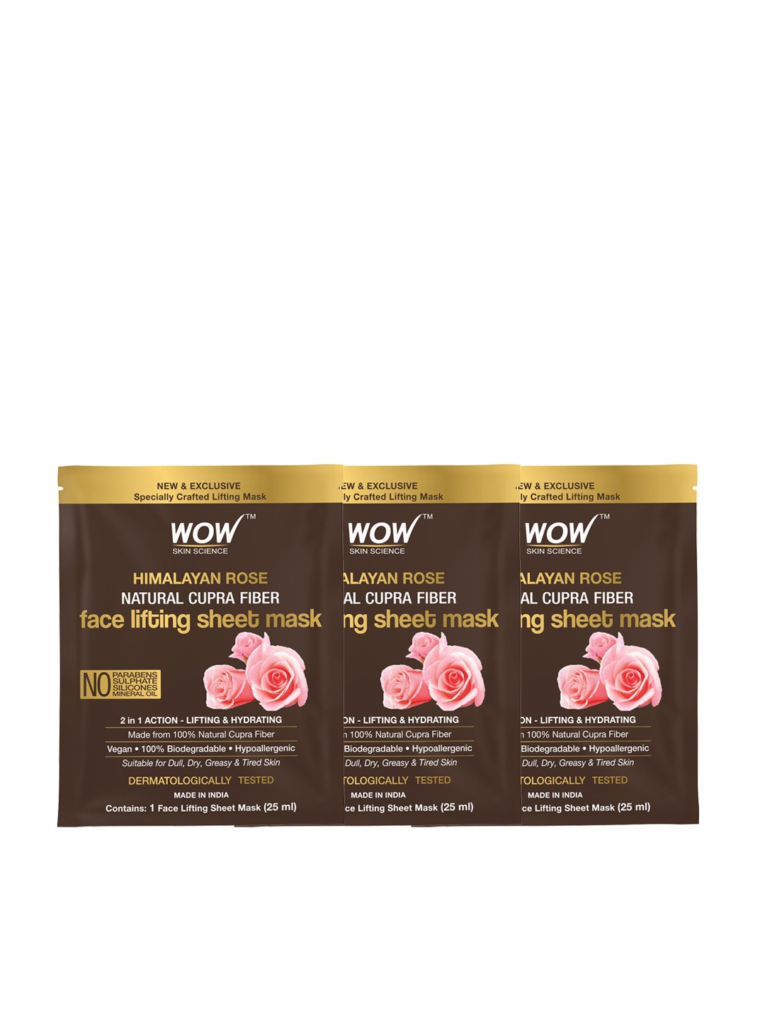 

WOW SKIN SCIENCE Set of 3 Himalayan Rose Natural Cupra Fiber Sheet Mask - 25 ml each, Brown