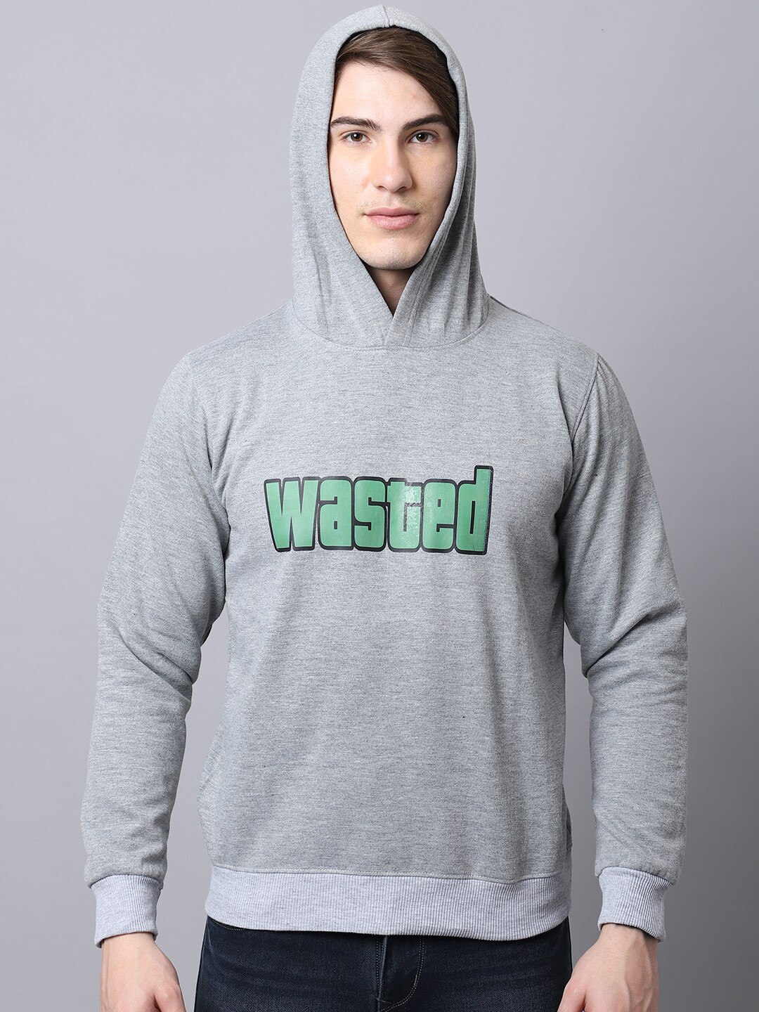 

Obaan Men Grey Printed Hooded Sweatshirt