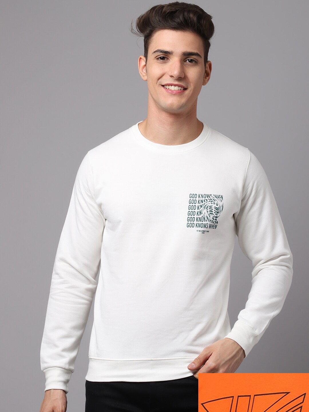 

Obaan Men Pack of 2 White and Orange Printed Fleece Sweatshirt