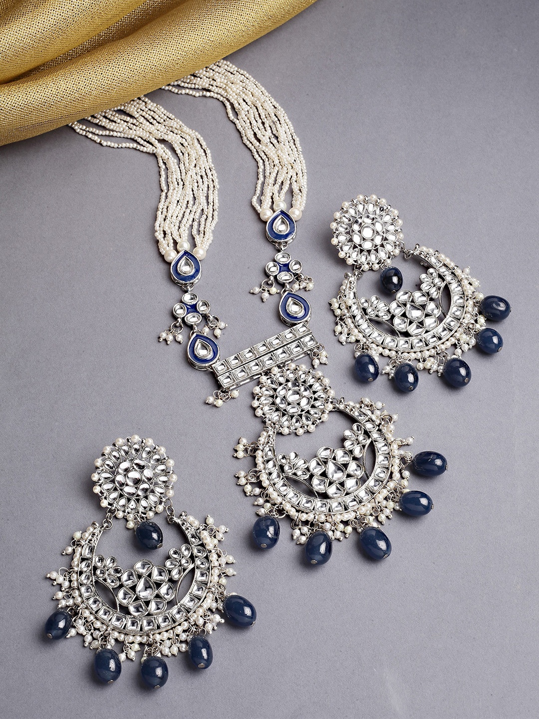 

KARATCART Silver-Plated White & Blue Kundan Studded & Beaded Handcrafted Jewellery Set