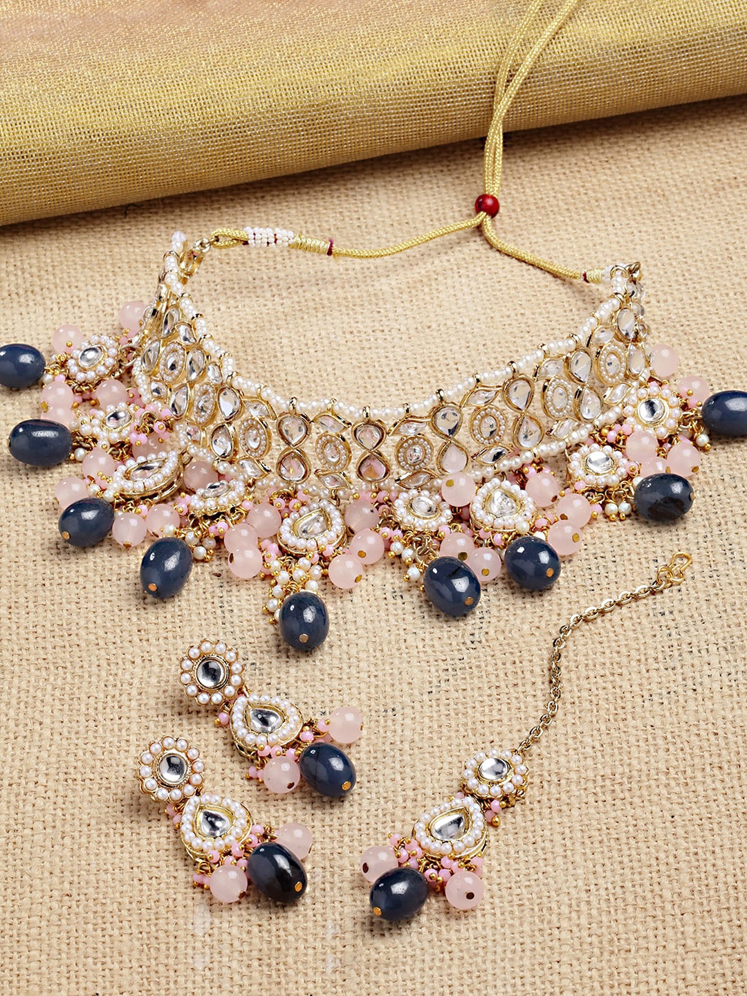 

KARATCART Gold-Plated Blue & Pink Kundan Studded Choker Jewellery Set