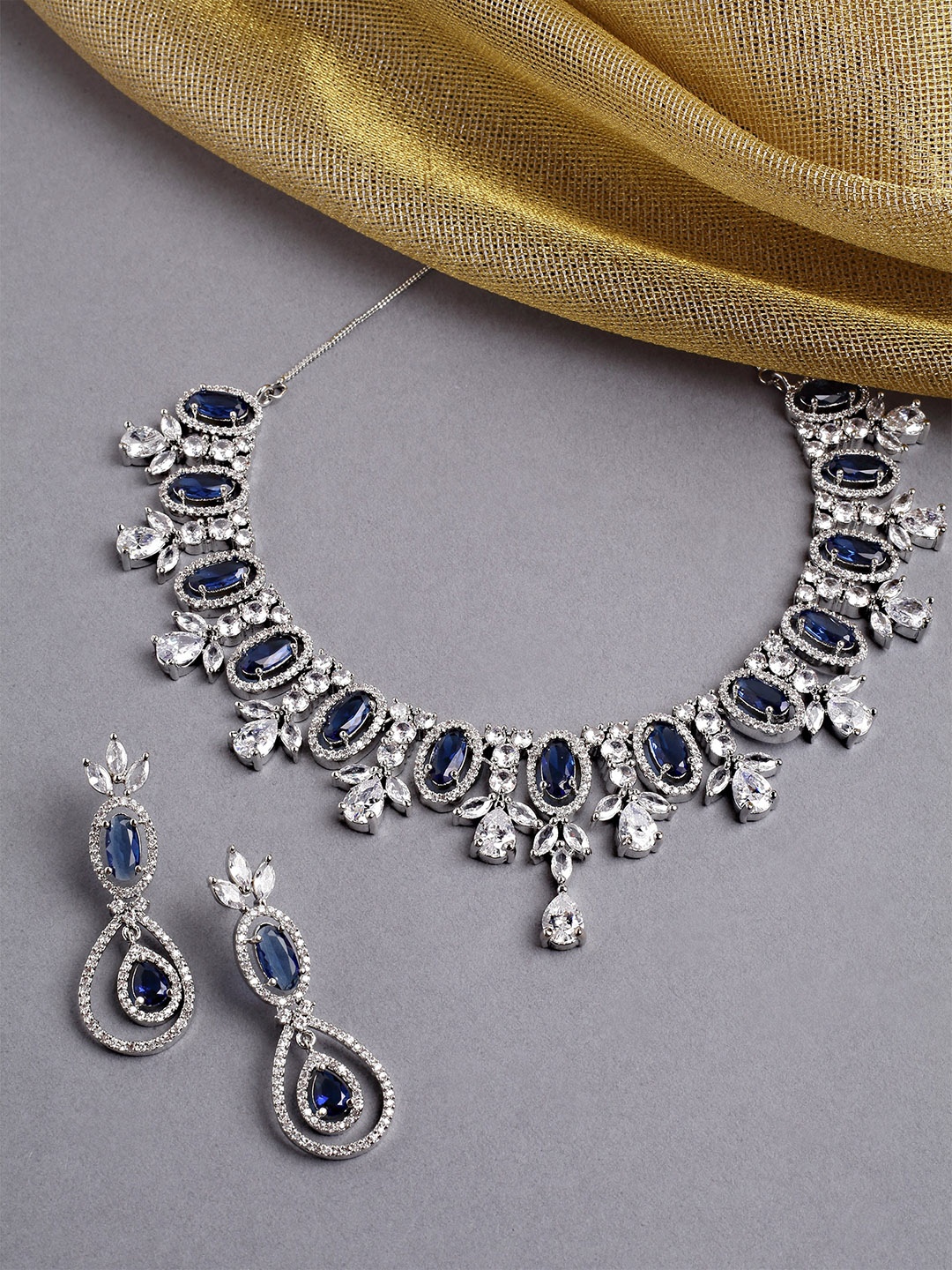 

KARATCART Silver-Plated Blue Cubic Zirconia Stone-Studded Jewellery Set