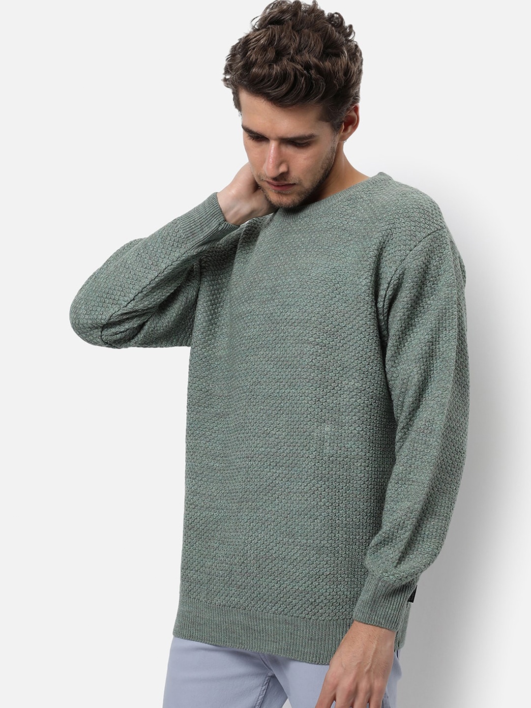 

Campus Sutra Men Green Self Design Wool Pullover