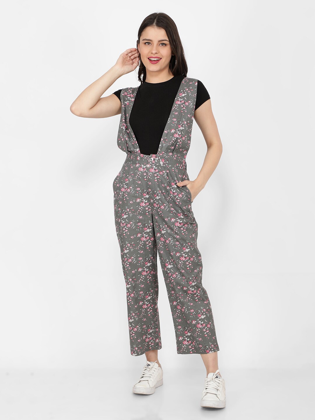 

NAVIYATA Grey & Pink Printed Basic Jumpsuit