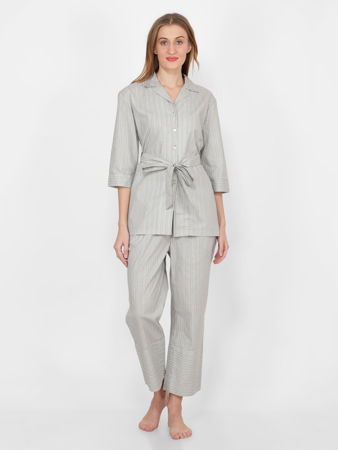 

NAVIYATA Women Grey & White Striped Pure Cotton Shirt with Trousers
