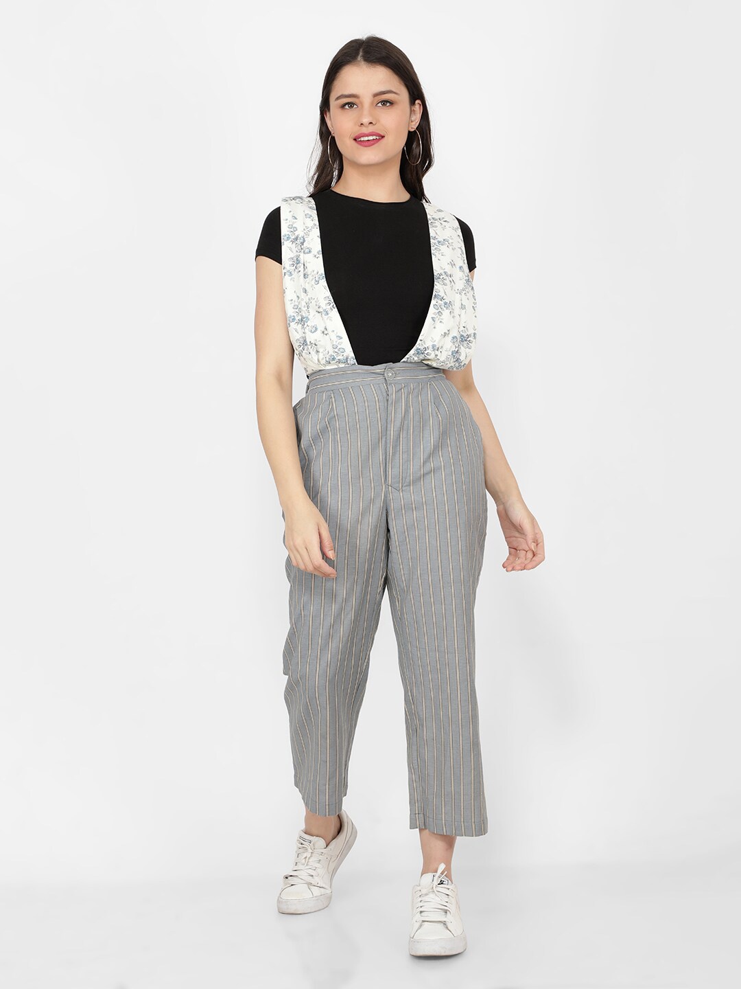 

NAVIYATA White & Grey Printed Basic Jumpsuit