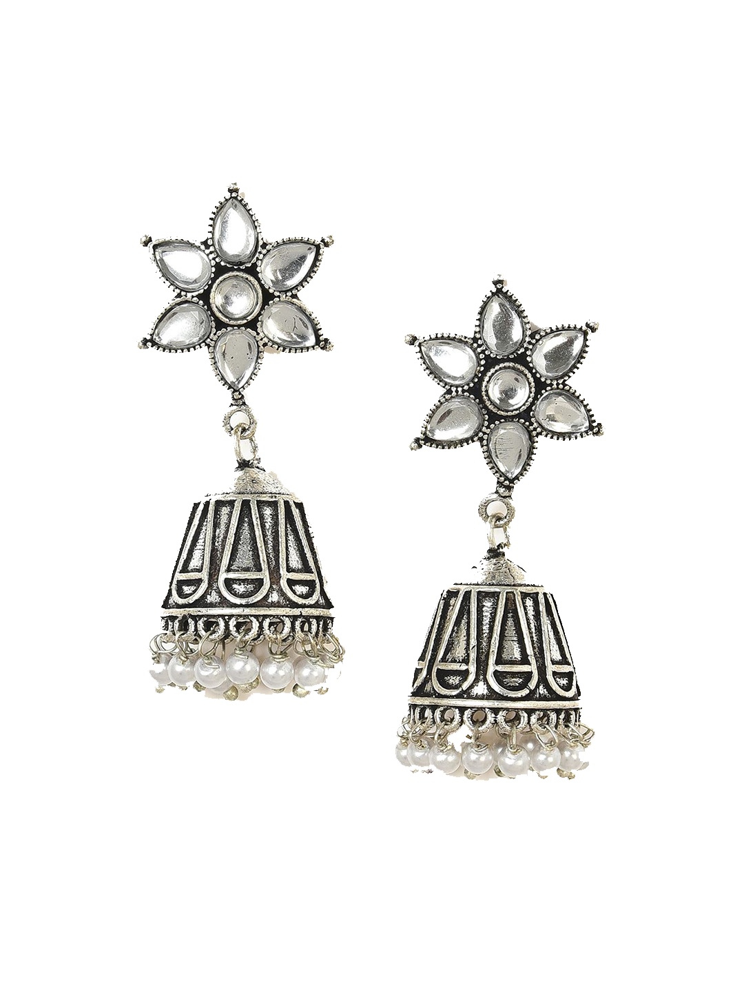 

W Oxidised Floral Jhumka Earrings, Silver