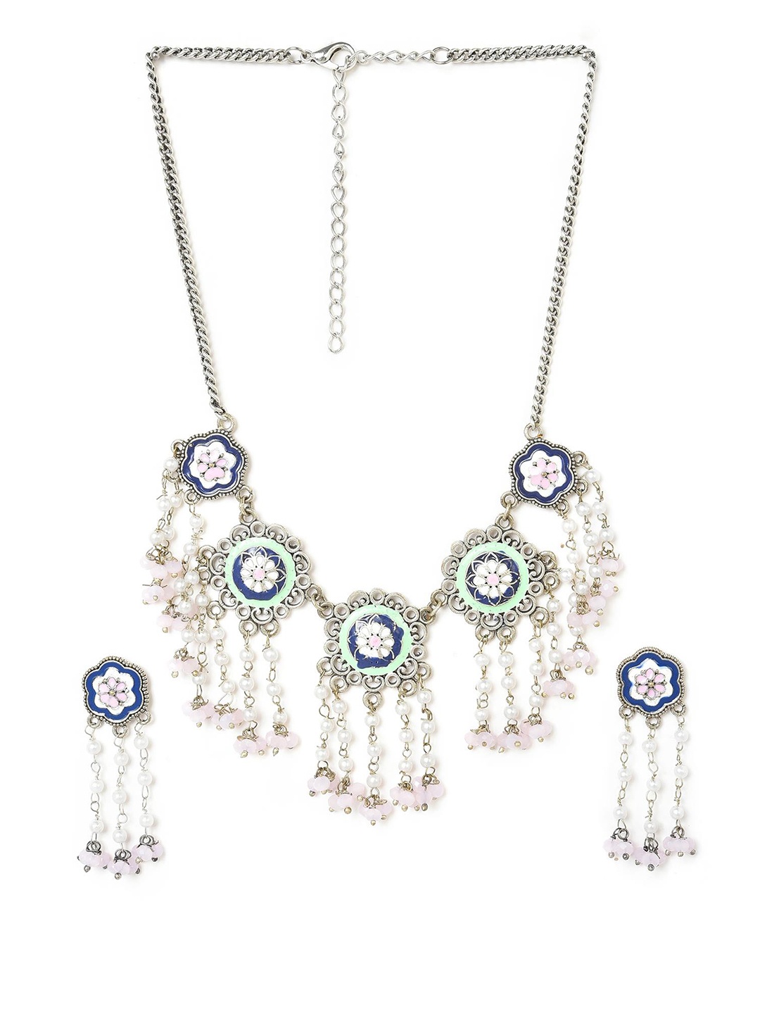 

W Silver-Toned & Blue Embellished & Beaded Jewellery Set