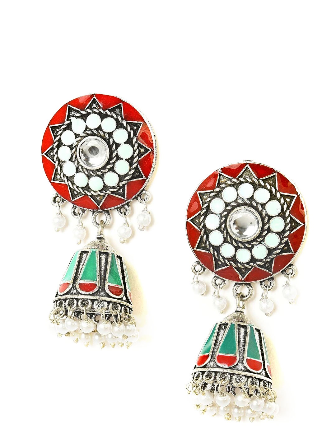 

W Red & Sea Green Circular Jhumkas Earrings