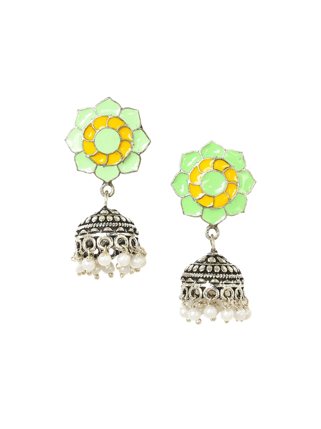 

W Green & Silver-Toned Floral Jhumkas Earrings