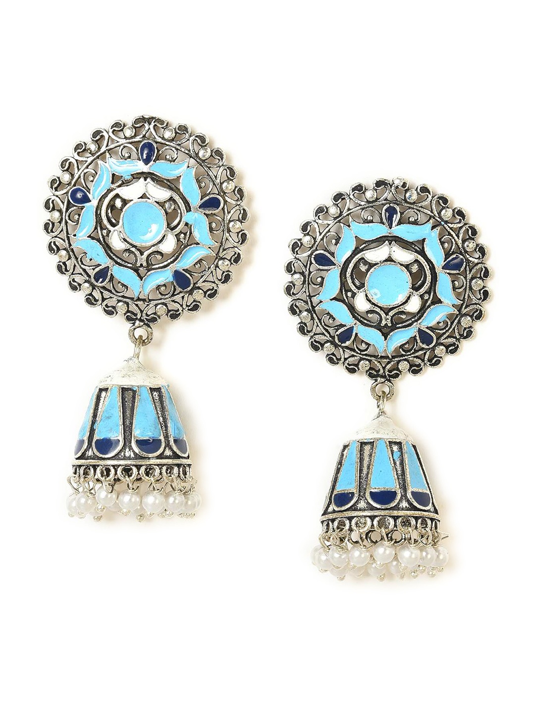 

W Blue & Silver-Toned Floral Jhumkas Earrings
