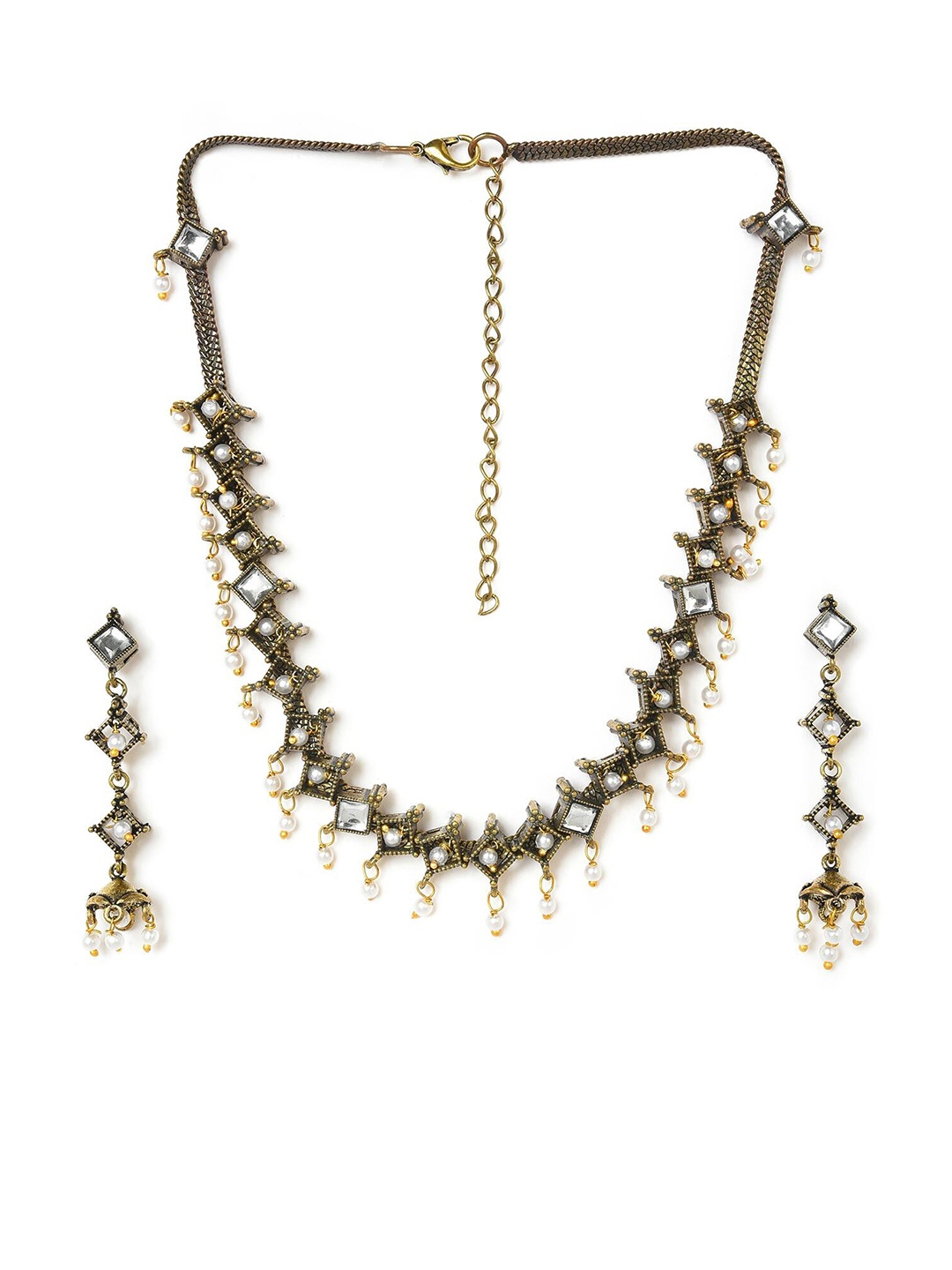 

W Gold-Toned & White Stone-Studded & Beaded Jewellery Set