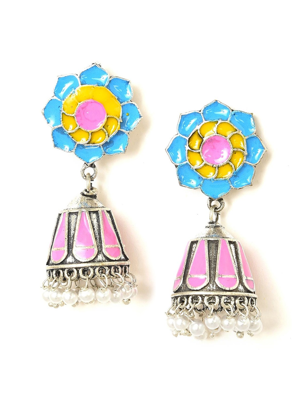 

W Blue & Pink Floral Jhumkas Earrings