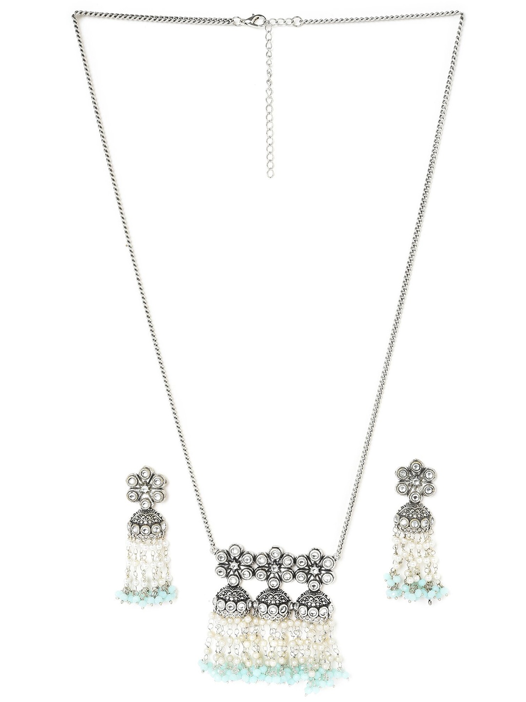 

W Silver-Toned & White Stone-Studded & Beaded Jewellery Set