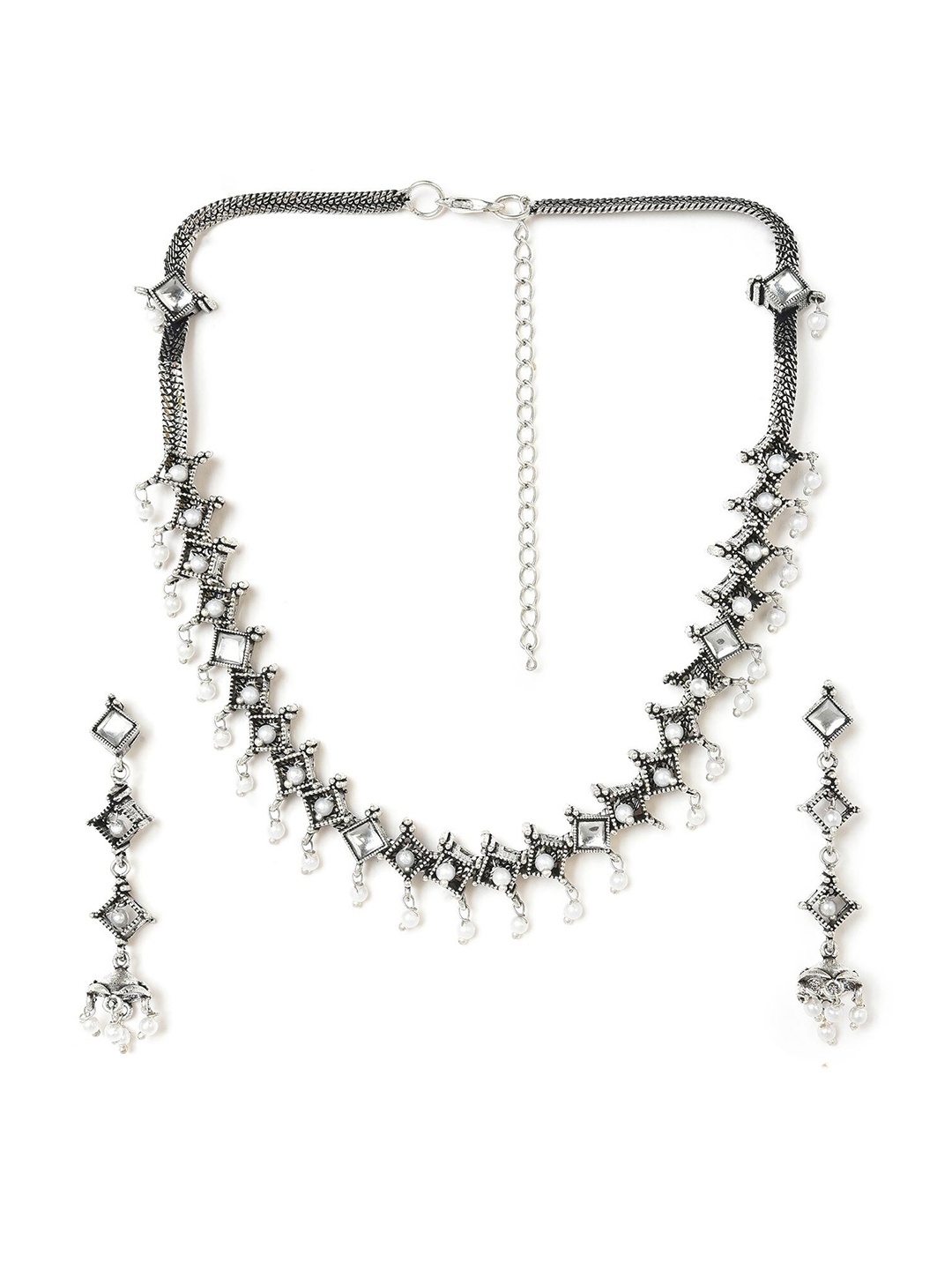

W Oxidized Silver-Toned & White Stone-Studded & Beaded Jewellery Set