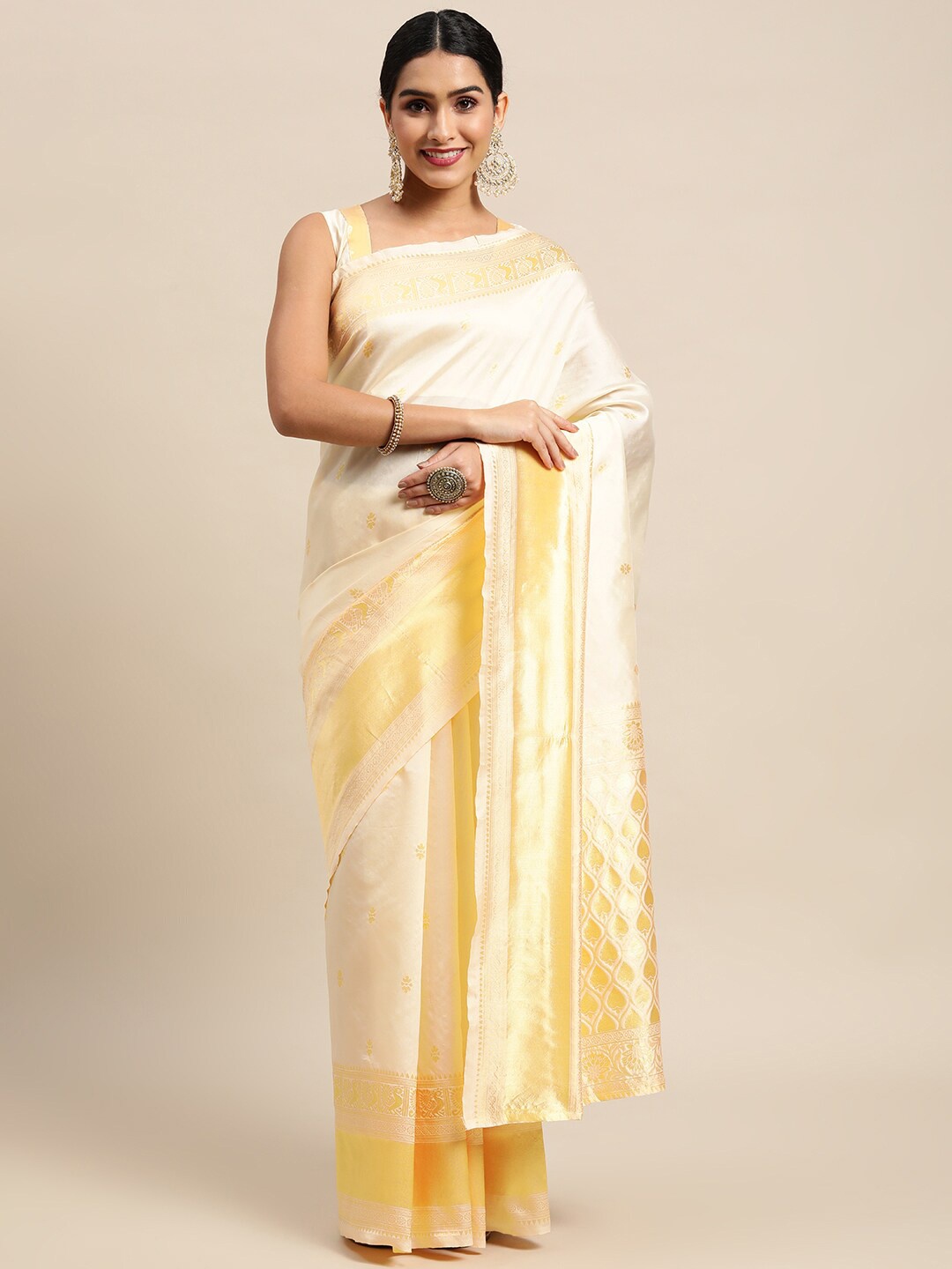 

Satrani Cream-Coloured & Gold-Toned Woven Design Zari Kasavu Saree