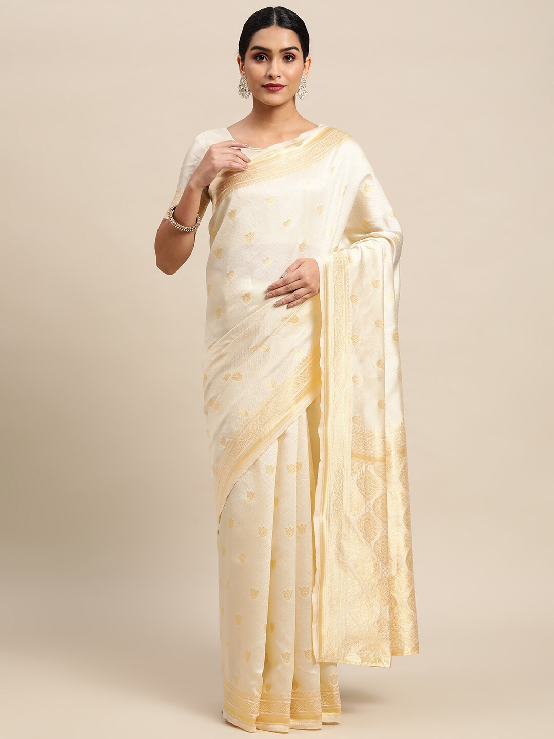 

Satrani Cream-Coloured & Gold-Toned Woven Design Zari Kasavu Saree
