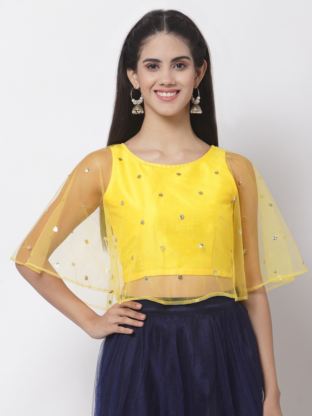 

studio rasa Yellow Embellished Sheer Net Crop Top