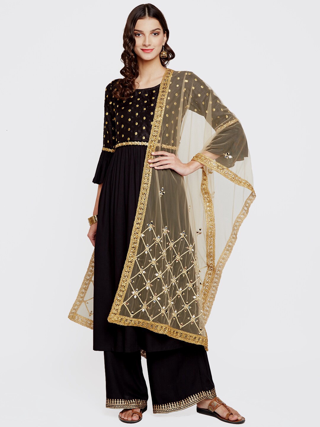 

studio rasa Beige & Gold-Toned Ethnic Motifs Embroidered Mirror Work Dupatta with