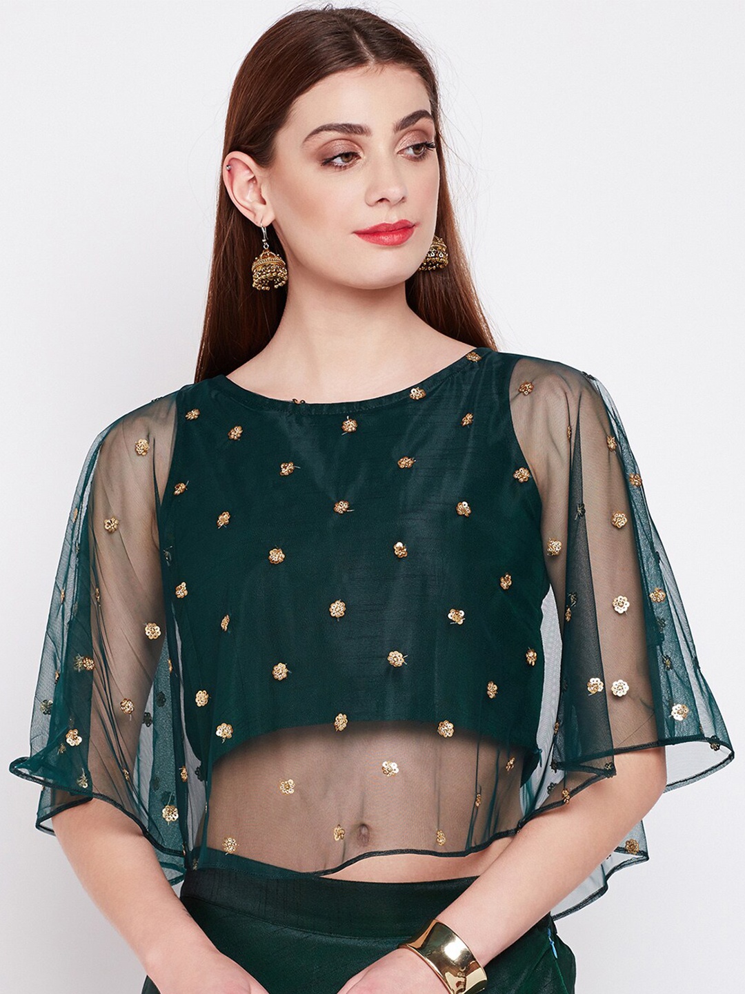 

studio rasa Women Green Embellished Sheer Net Cape Crop Top