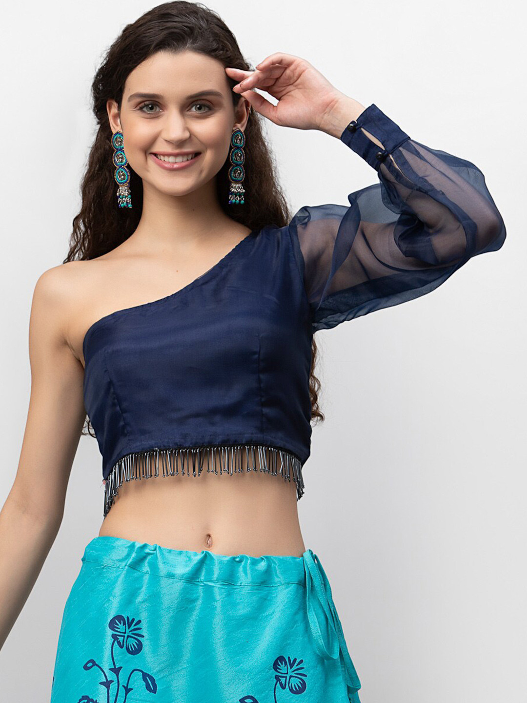 

studio rasa Women Navy Blue One Shoulder Fringes Polyester Crop Top