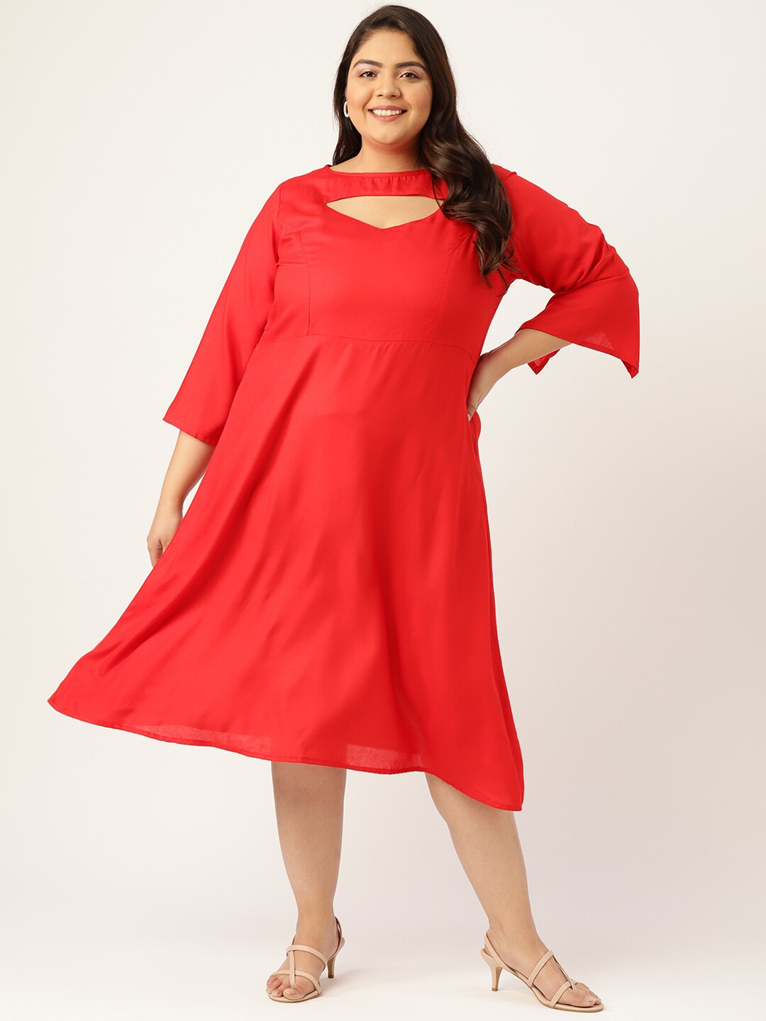 

theRebelinme Plus Size Women Red Keyhole Neck A-Line Midi Dress