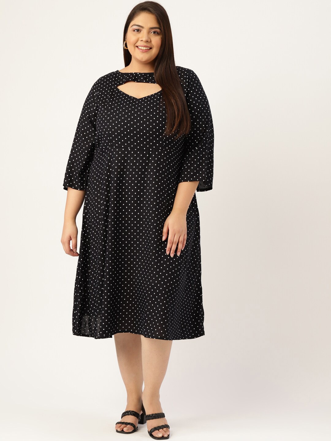 

theRebelinme Plus Size Women Black Polka Dot Printed Cut-Out Neck A-Line Midi Dress