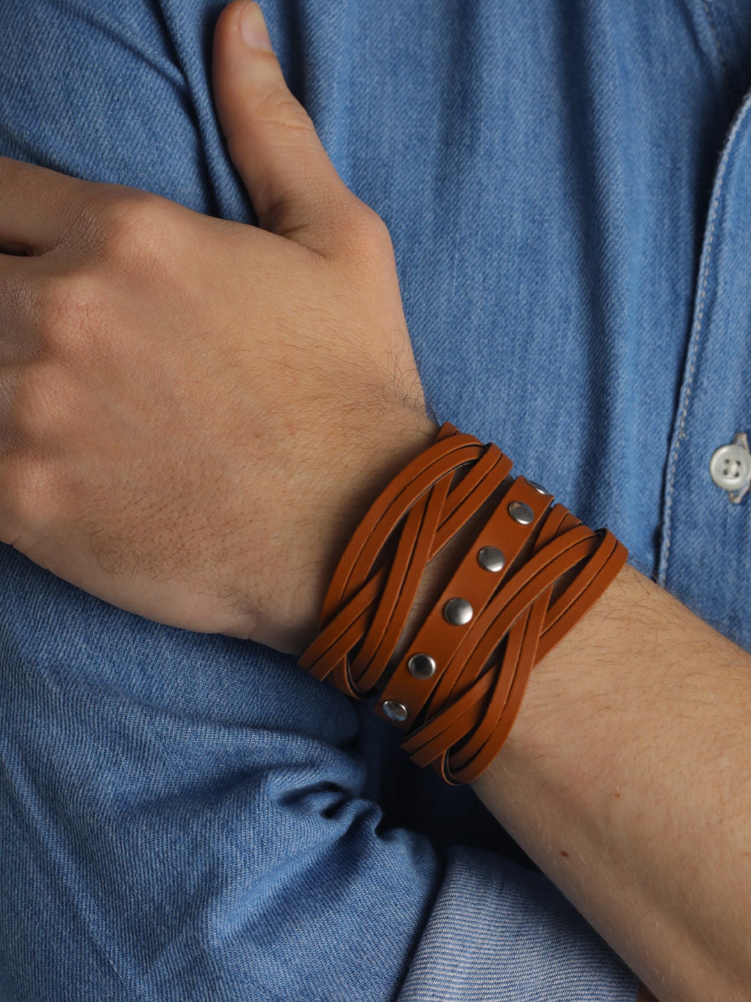 

Priyaasi Men Brown Leather Wraparound Bracelet