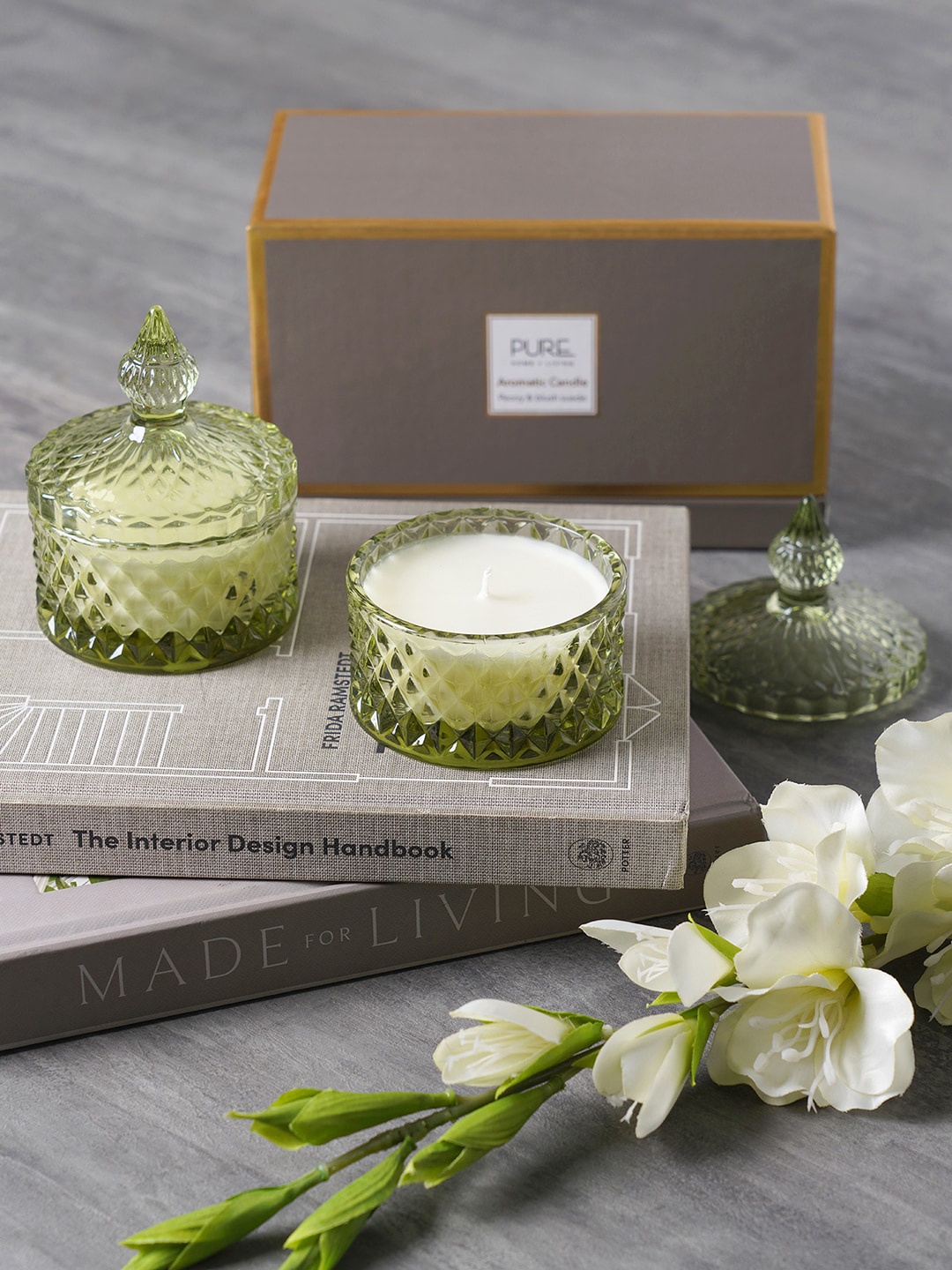 

Pure Home and Living Set Of 2 Green Textured Wax Filled Glass Jars