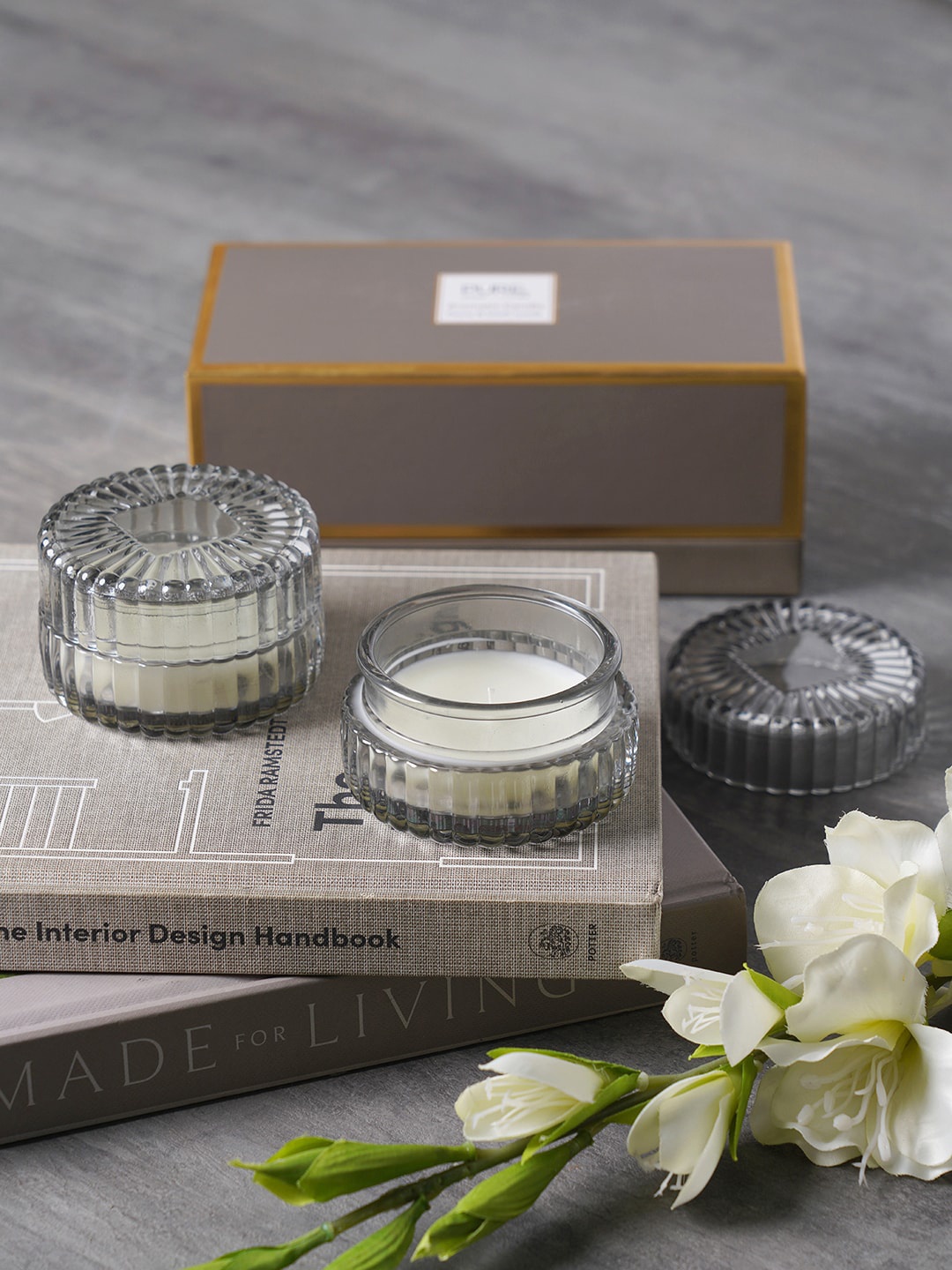 

Pure Home and Living Set Of 2 Grey & Transparent Textured Wax Filled Glass Jars