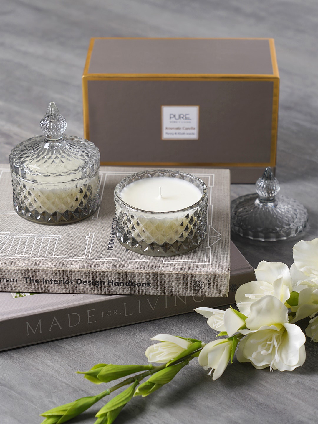 

Pure Home and Living Set Of 2 Grey Small Textured Wax Filled Glass Jars