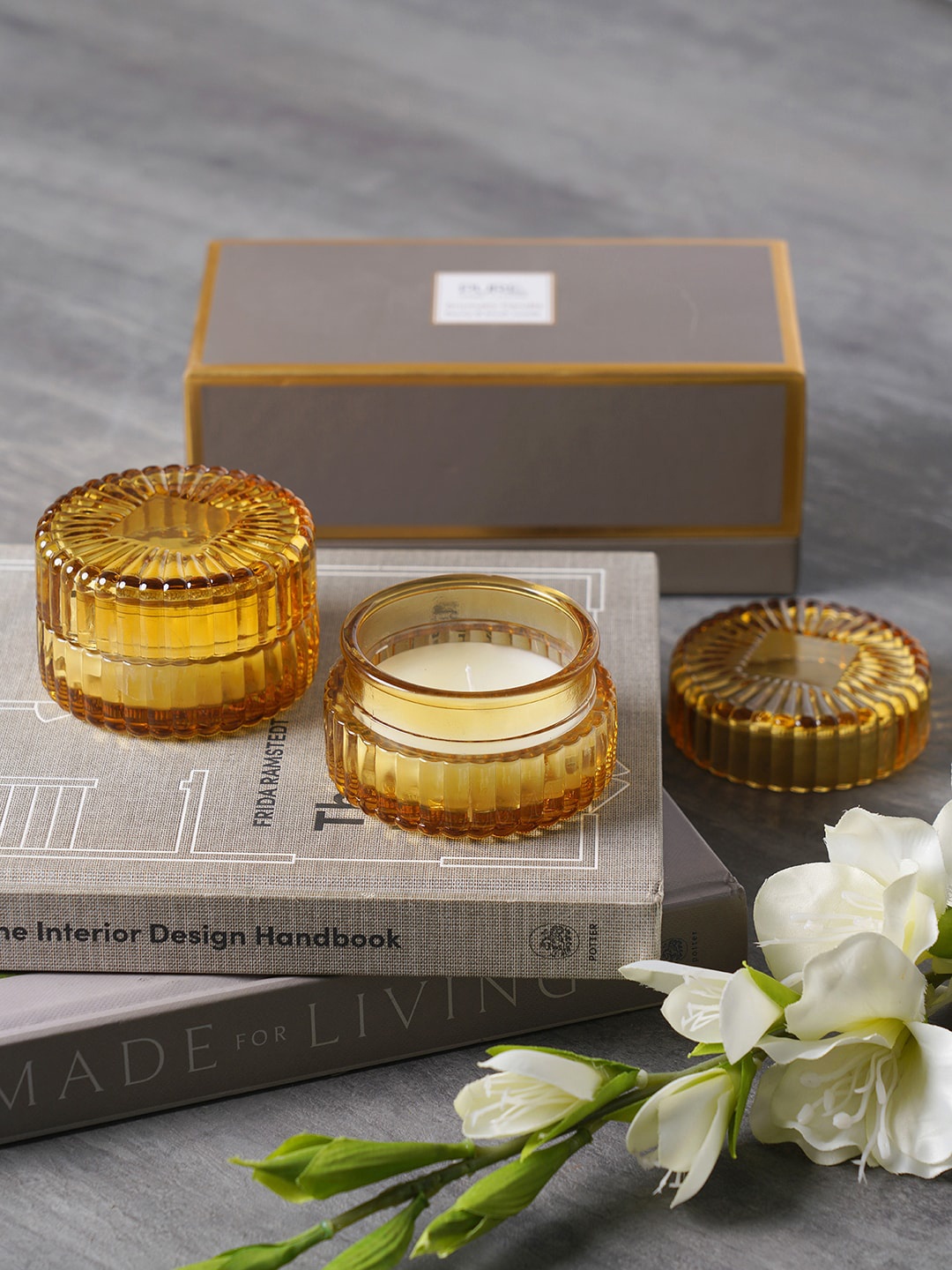 

Pure Home and Living Set Of 2 Gold-Toned Textured Wax Filled Glass Candle Holders