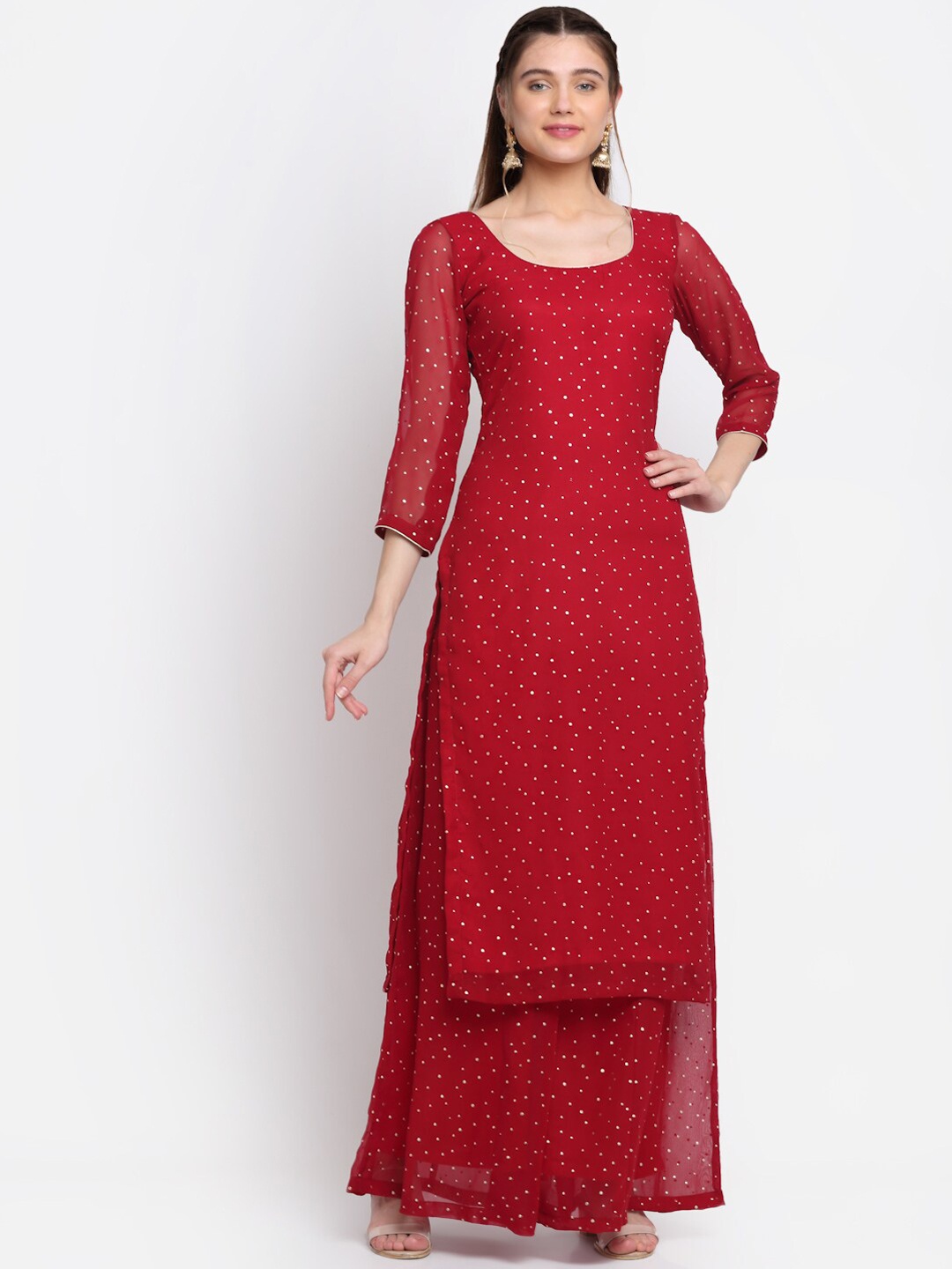 

anokherang Women Polka Dot Print Gotta Patti Detail Foil Print Kurta With Palazzo, Red