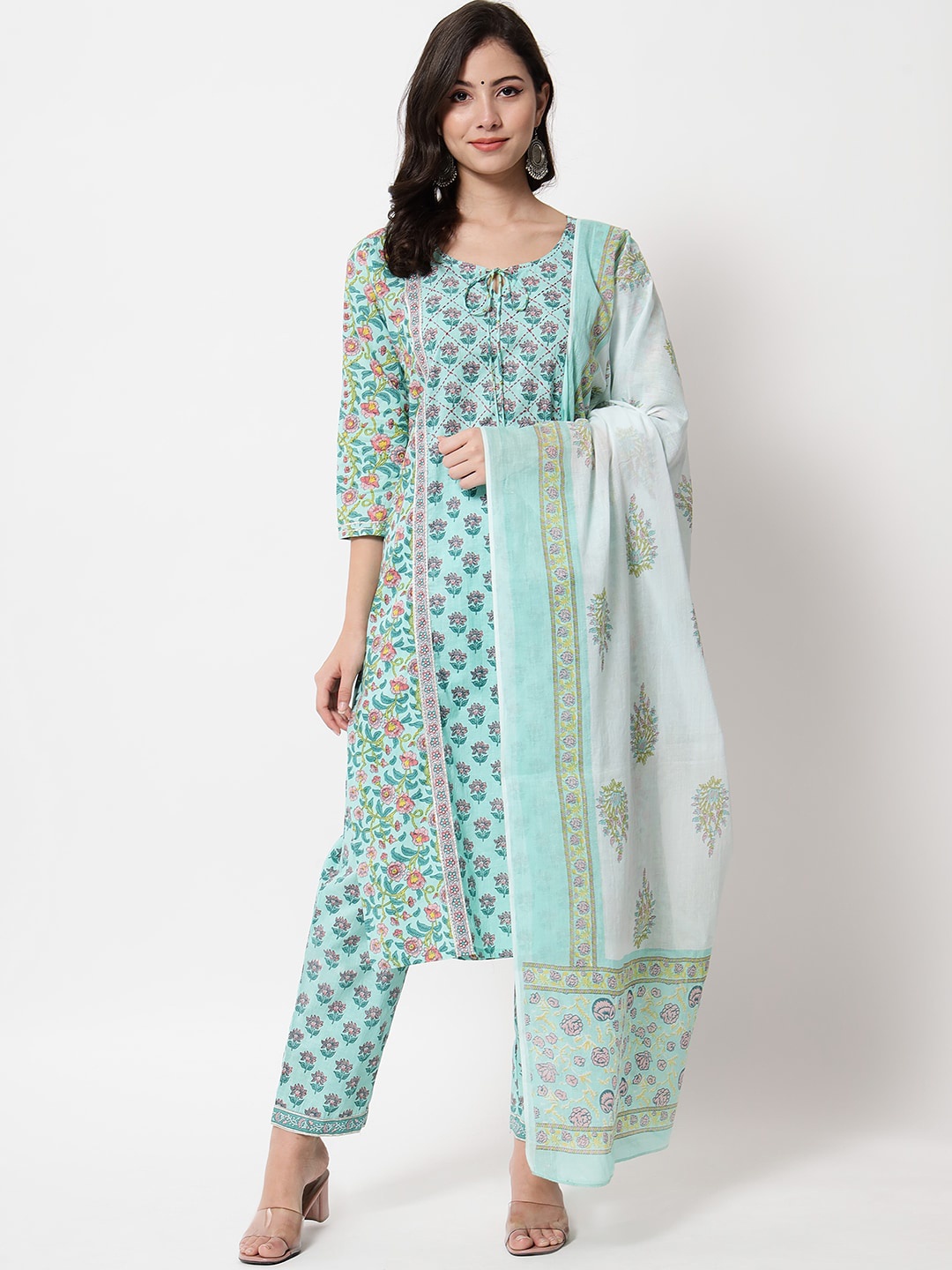 

IkDaiya Women Floral Printed Pure Cotton Kurta with Trouser & With Dupatta, Blue