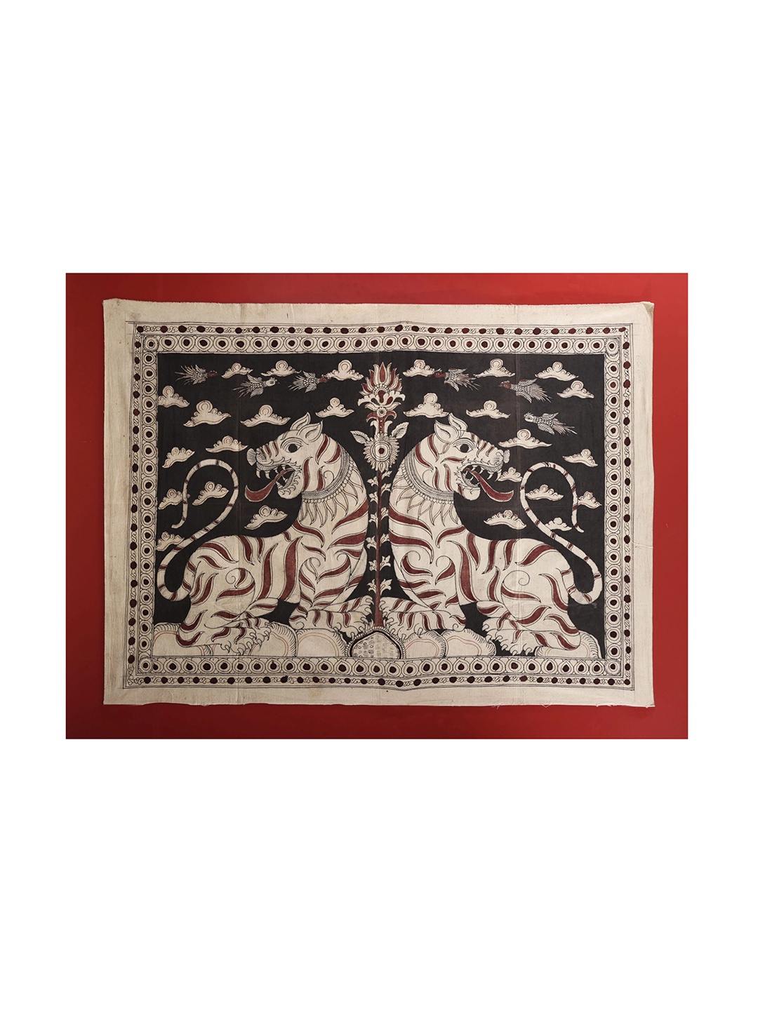 

Exotic India Red & Black Kalakriti Traditional Tibetan Rugs from Nepal Batik Painting Wall Art