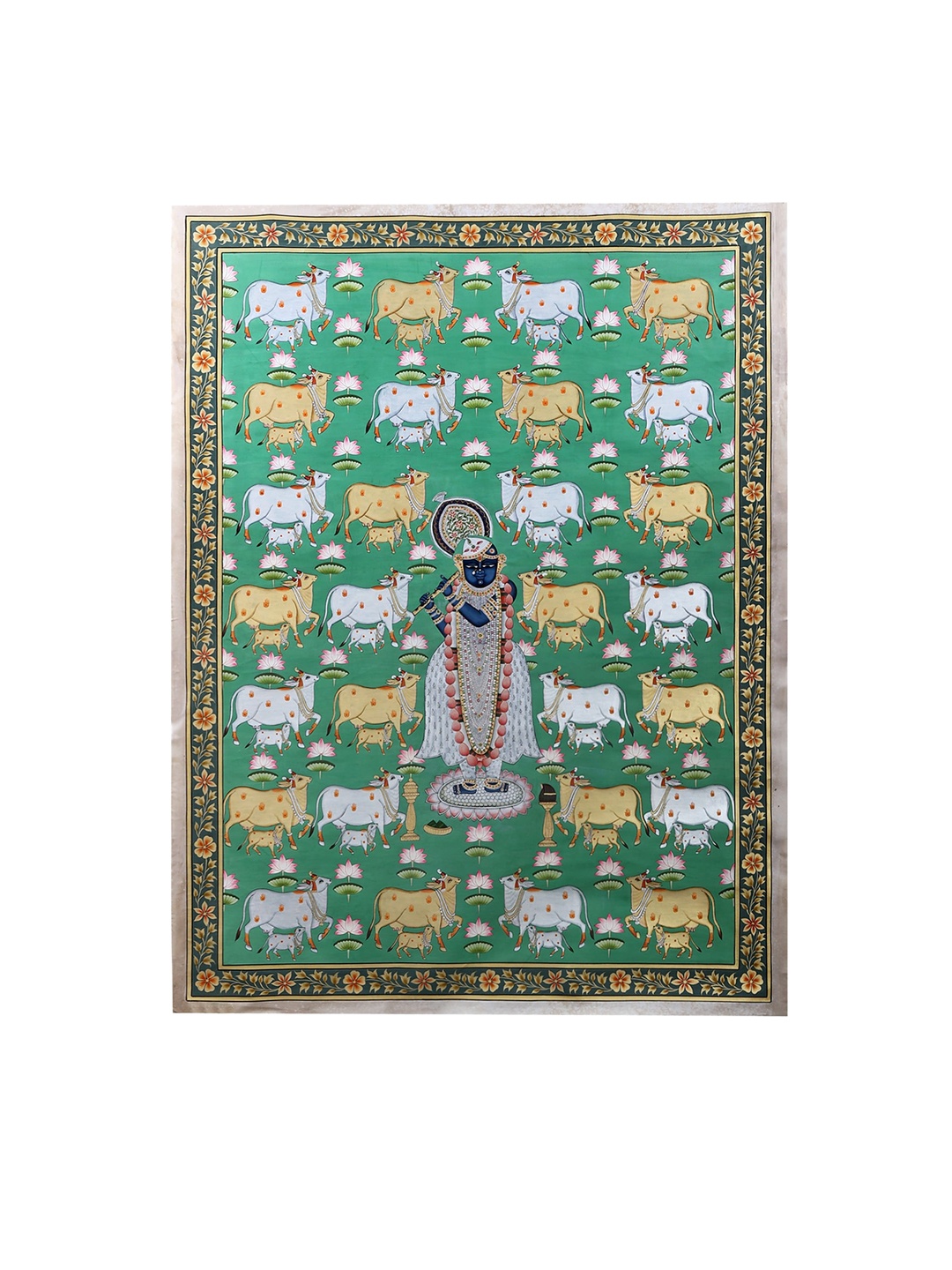 

Exotic India Green & White Shrinath Ji with Cows Painting Wall Art