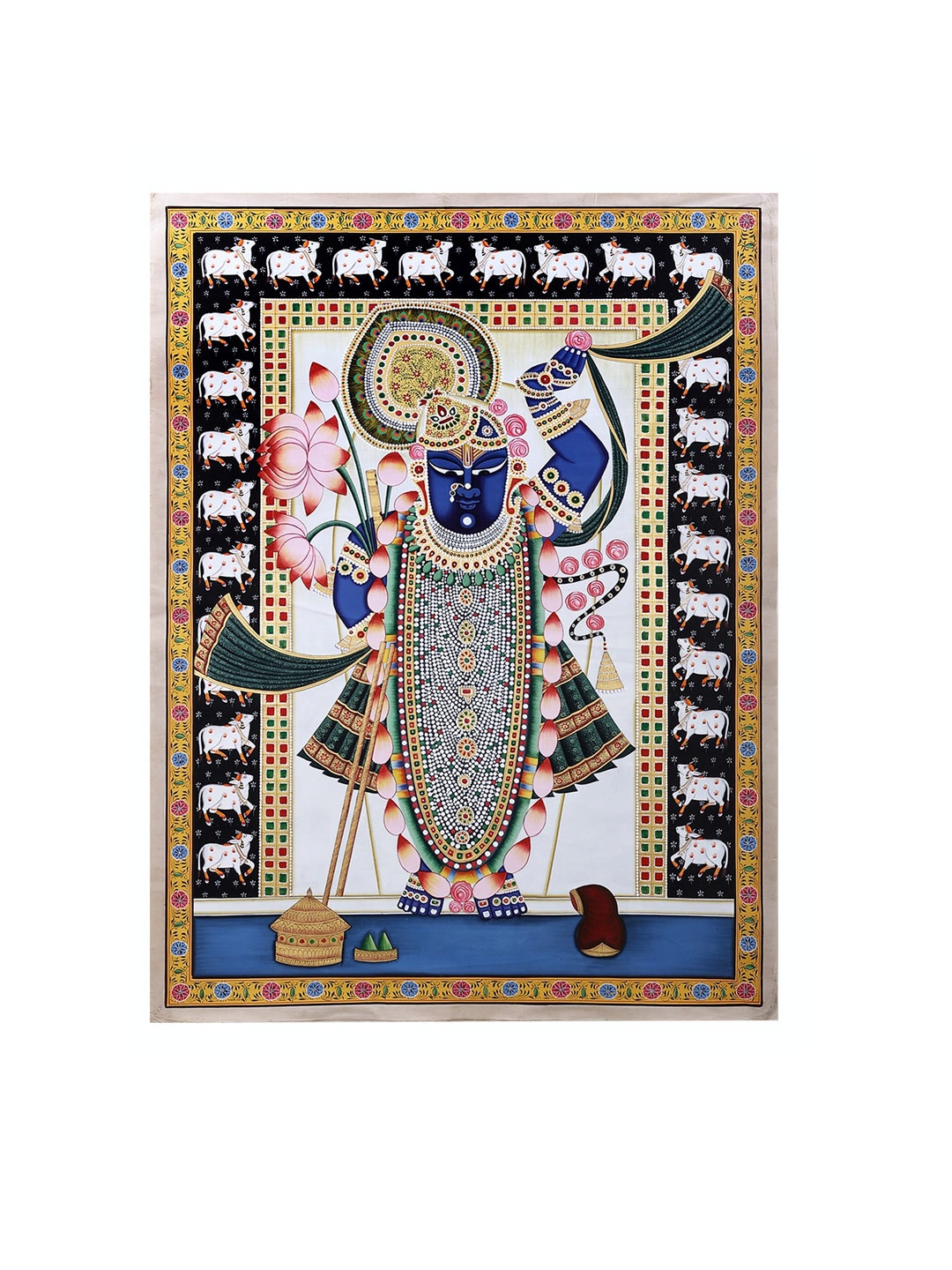 

Exotic India Pichwai of Shrinath Ji - Watercolor Paint on Cotton, White