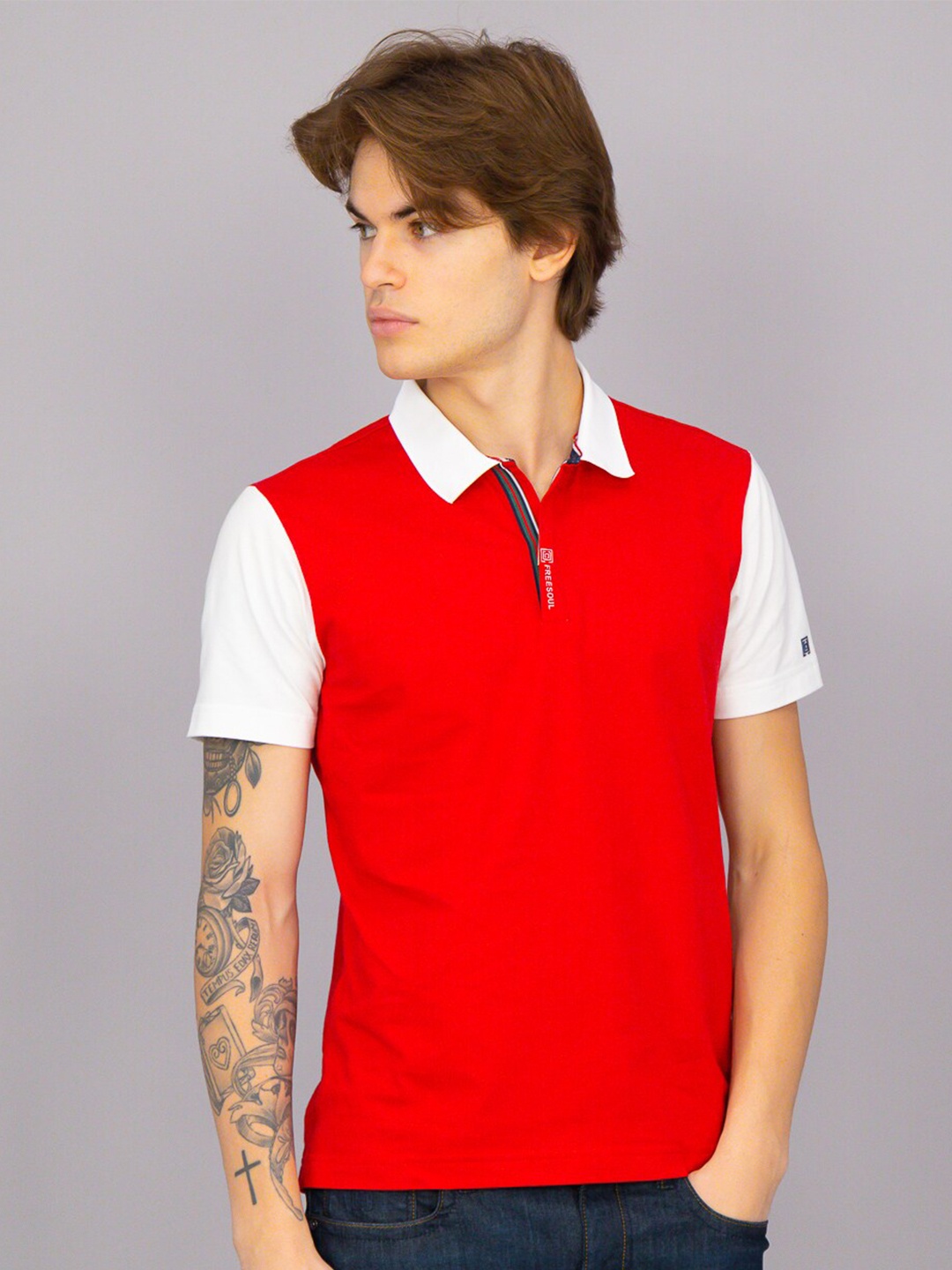 

FREESOUL Men Red Polo Collar T-shirt