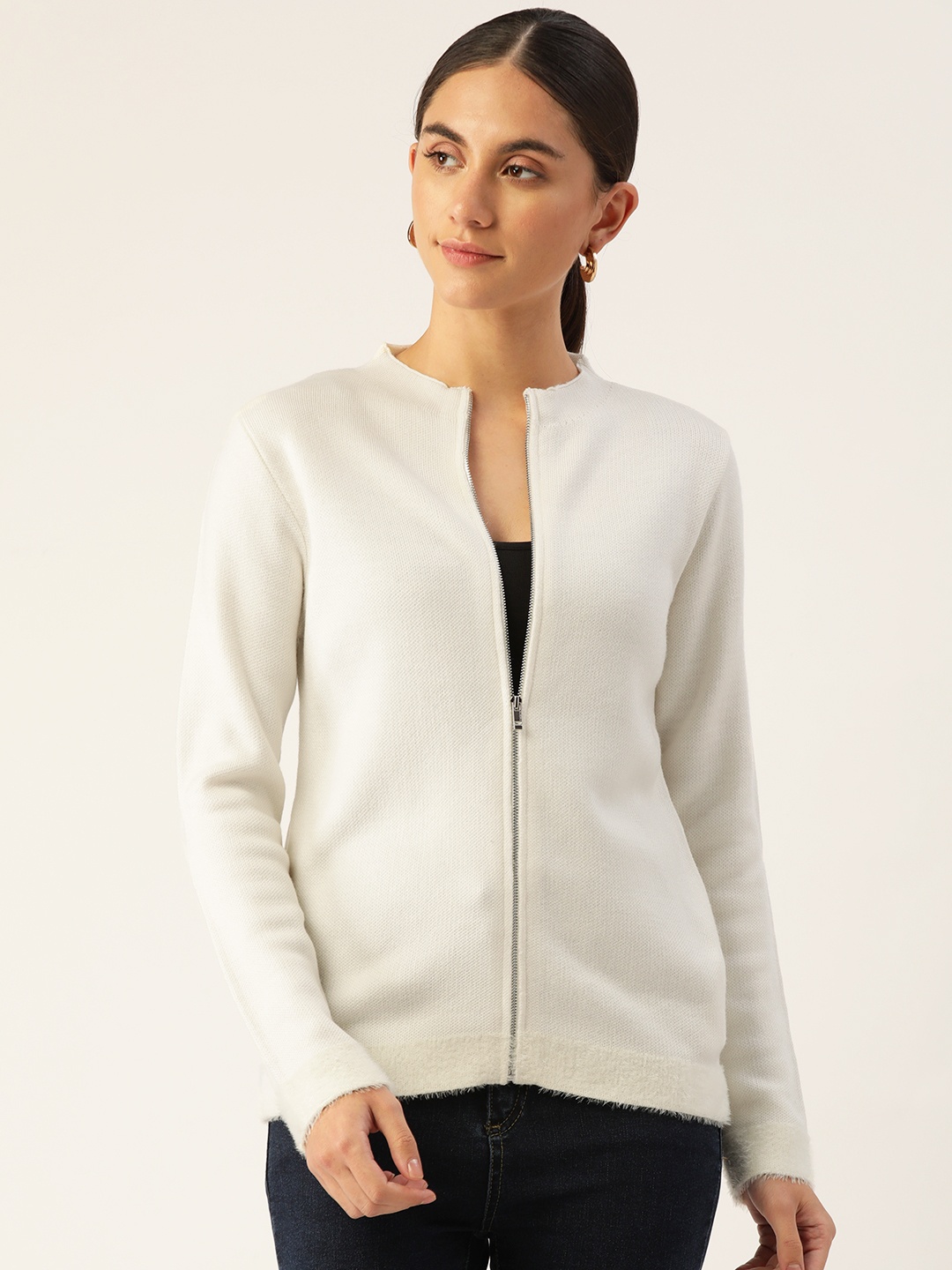 

Madame Women Solid Fuzzy Trim Cardigan, Off white