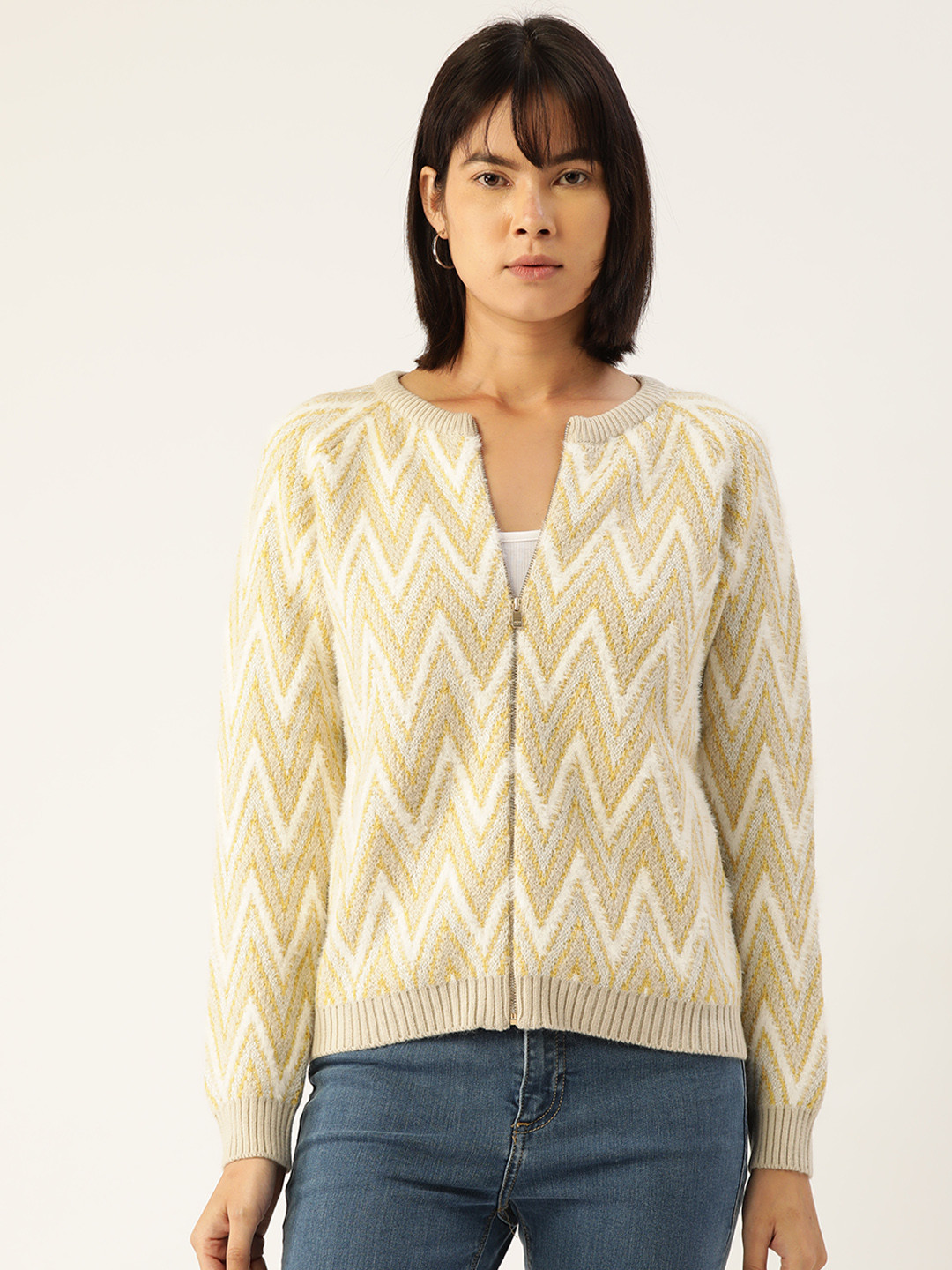 

Madame Women Beige & Yellow Chevron Striped Pullover