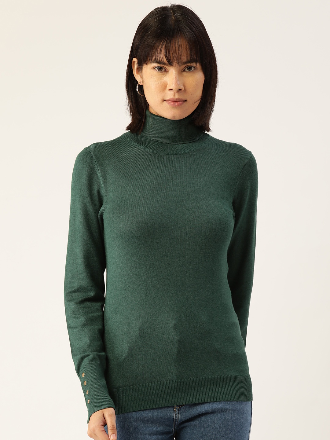 

Madame Women Solid Turtle Neck Knitted Pullover, Green
