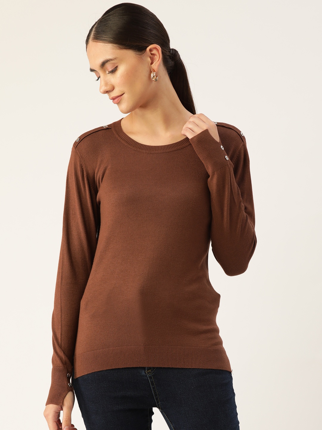 

Madame Women Brown Solid Round Neck Knitted Pullover