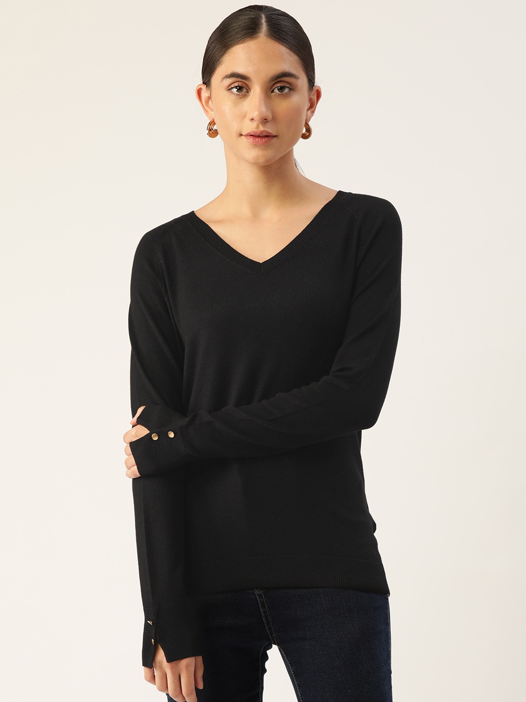 

Madame Women Black Solid Pullover