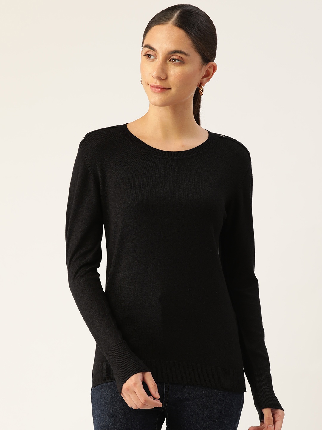 

Madame Women Black Solid Round Neck Knitted Pullover