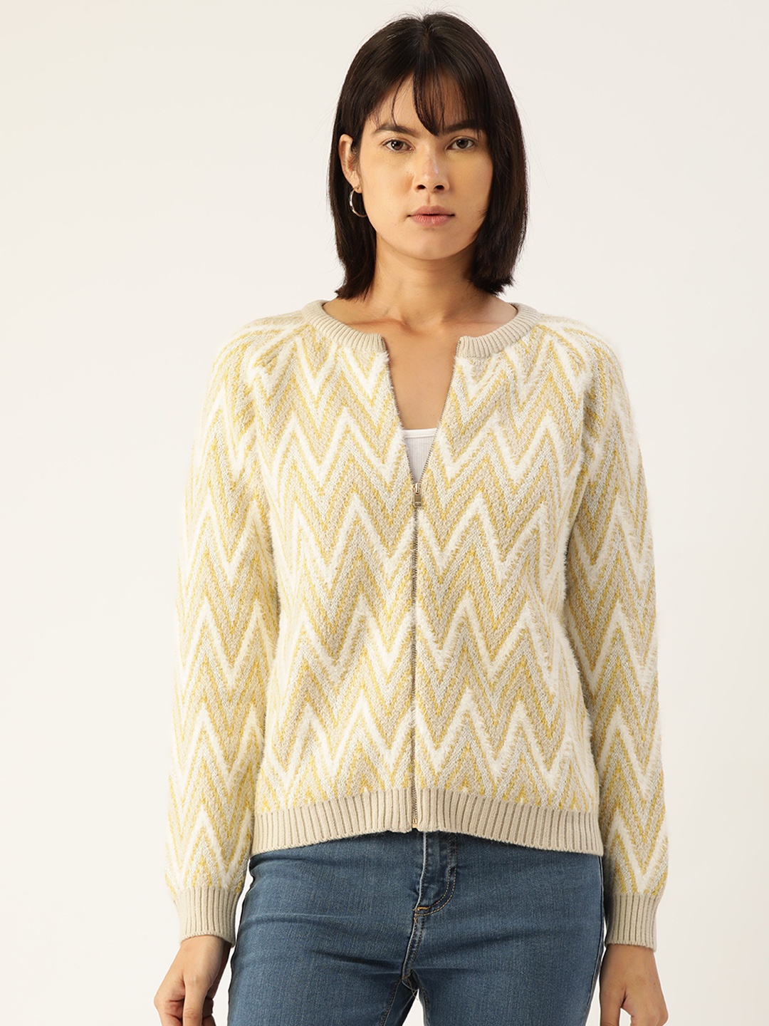 

Madame Women Chevron Self Design Cardigan, Beige