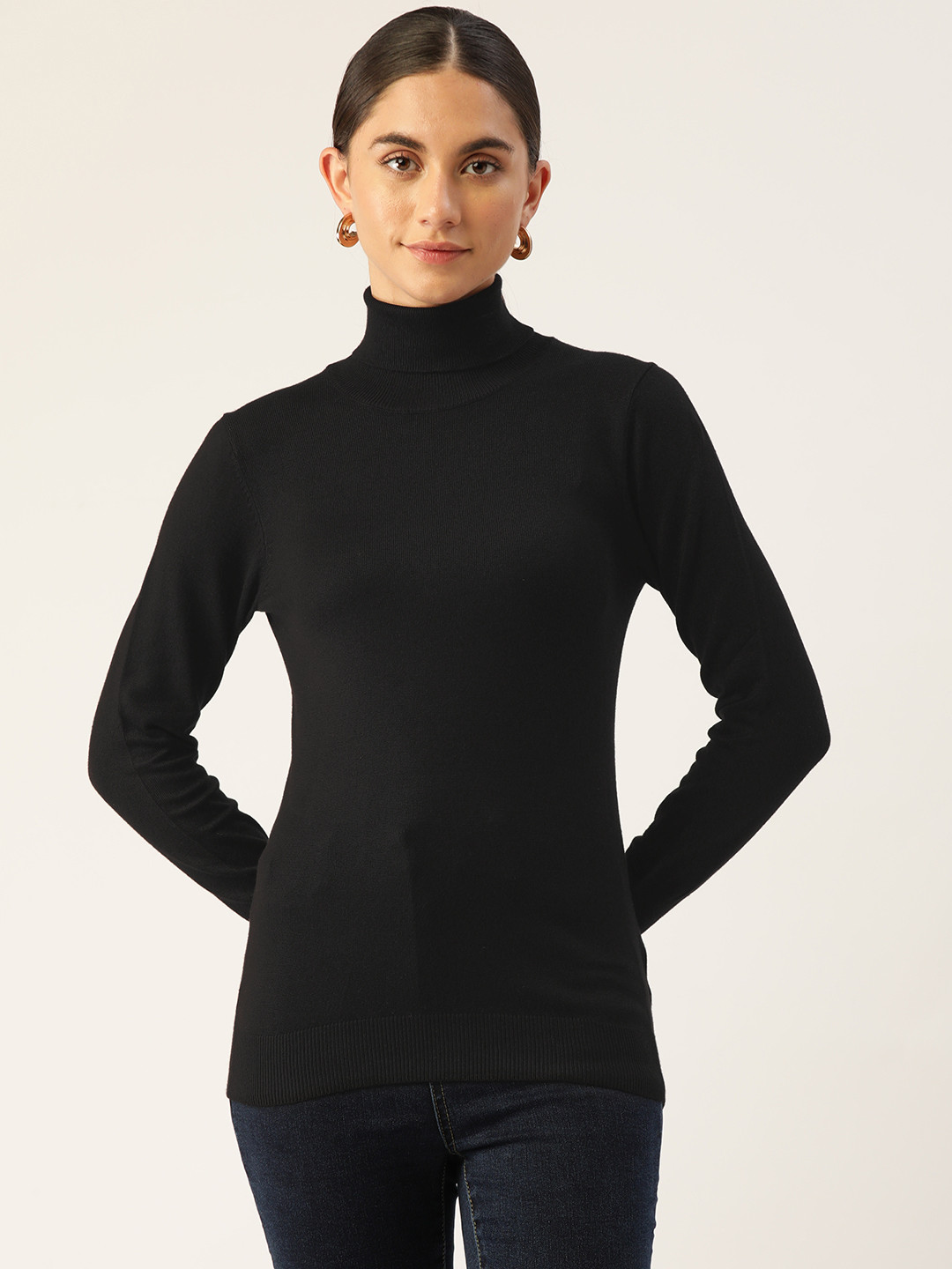 

Madame Women Solid Turtle Neck Knitted Pullover, Black