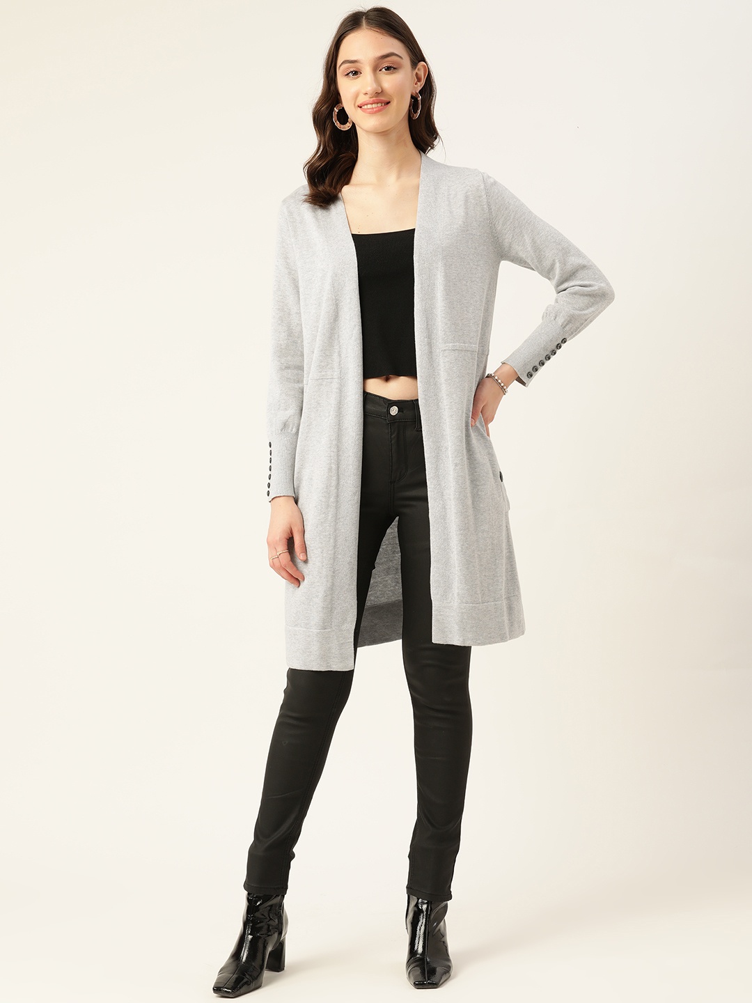 

Madame Women Grey Melange Pure Cotton Longline Front-Open Sweater