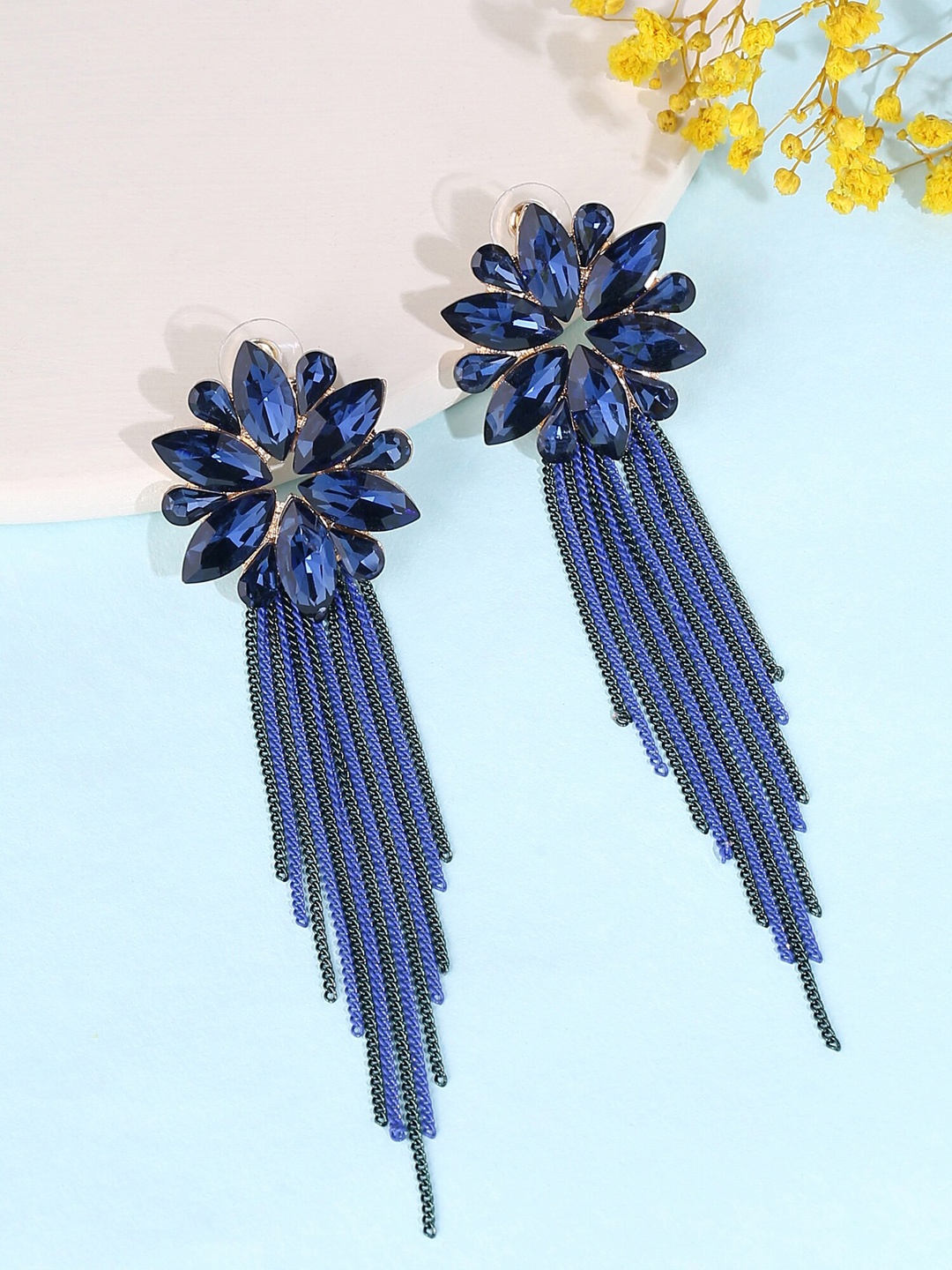 

Yellow Chimes Blue Floral Shaped Crystal Long Chain Dangler Earrings