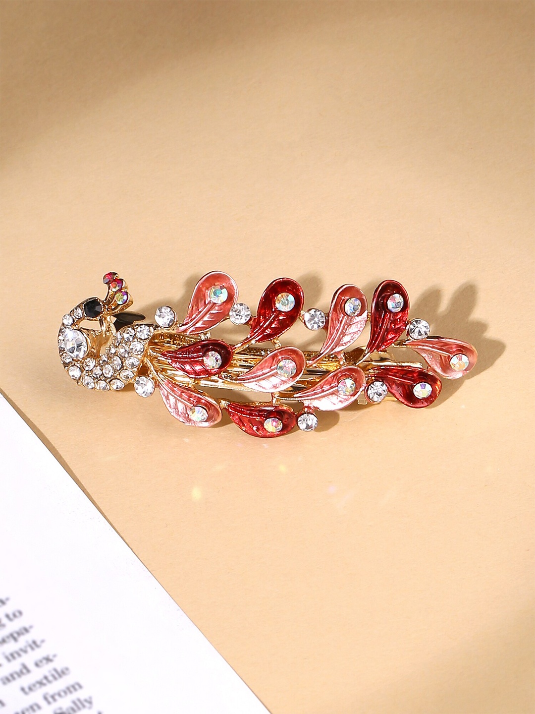 

Yellow Chimes Peacock Designed White Crystal Studded French Baratte Hair Clip, Red