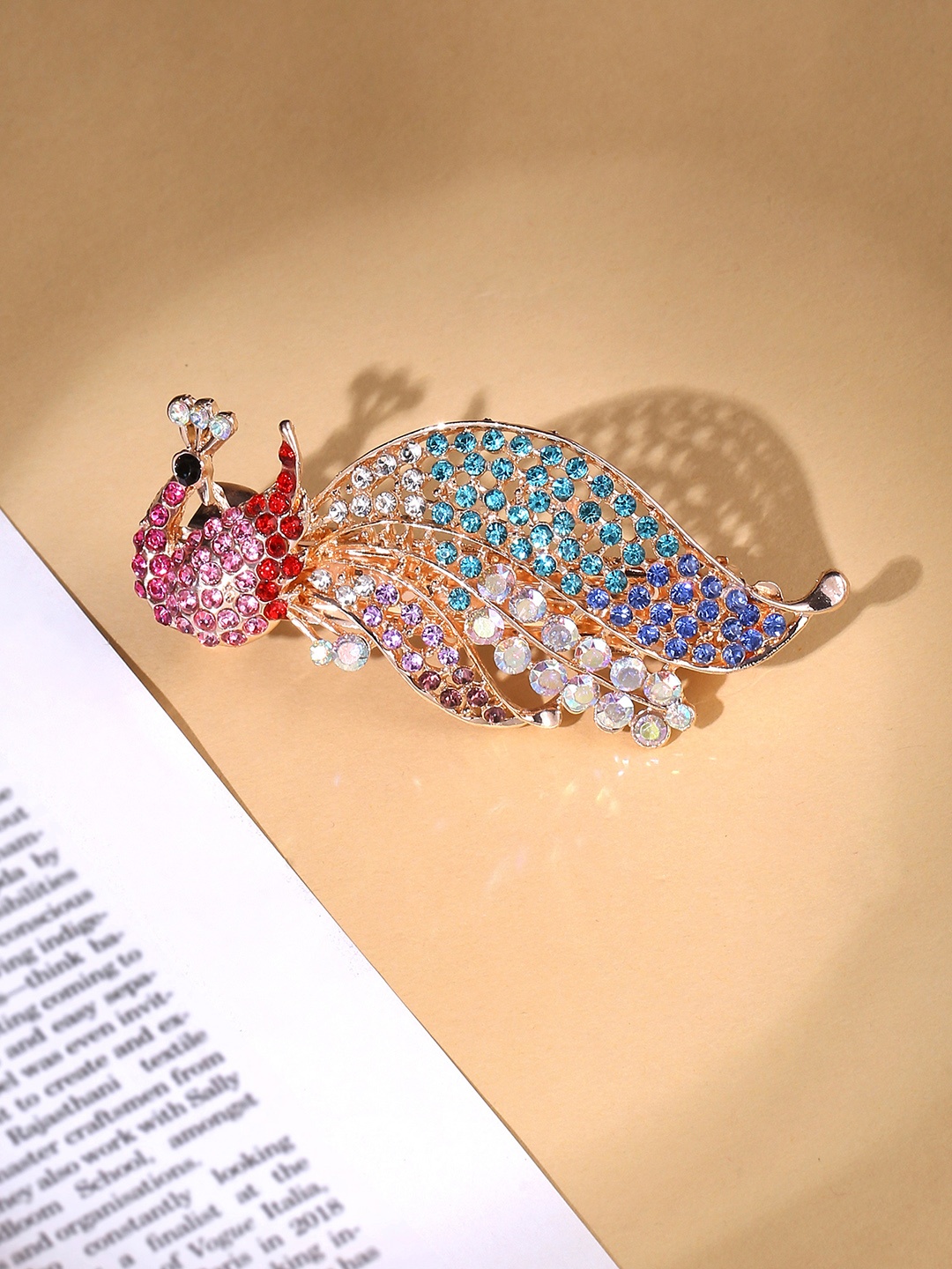 

Yellow Chimes Peacock Designed Multicolor Stone Studded French Baratte Hair Clip, Copper